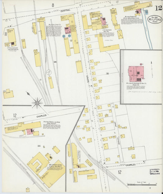 Sanborn Fire Insurance Map from Milford, Worcester County, Massachusetts (1903), Sheet #0012 - Historic Sanborn Fire Insurance Map Print, vintage old map wall art, antique decor, genealogy gift, Massachusetts Massachusetts map