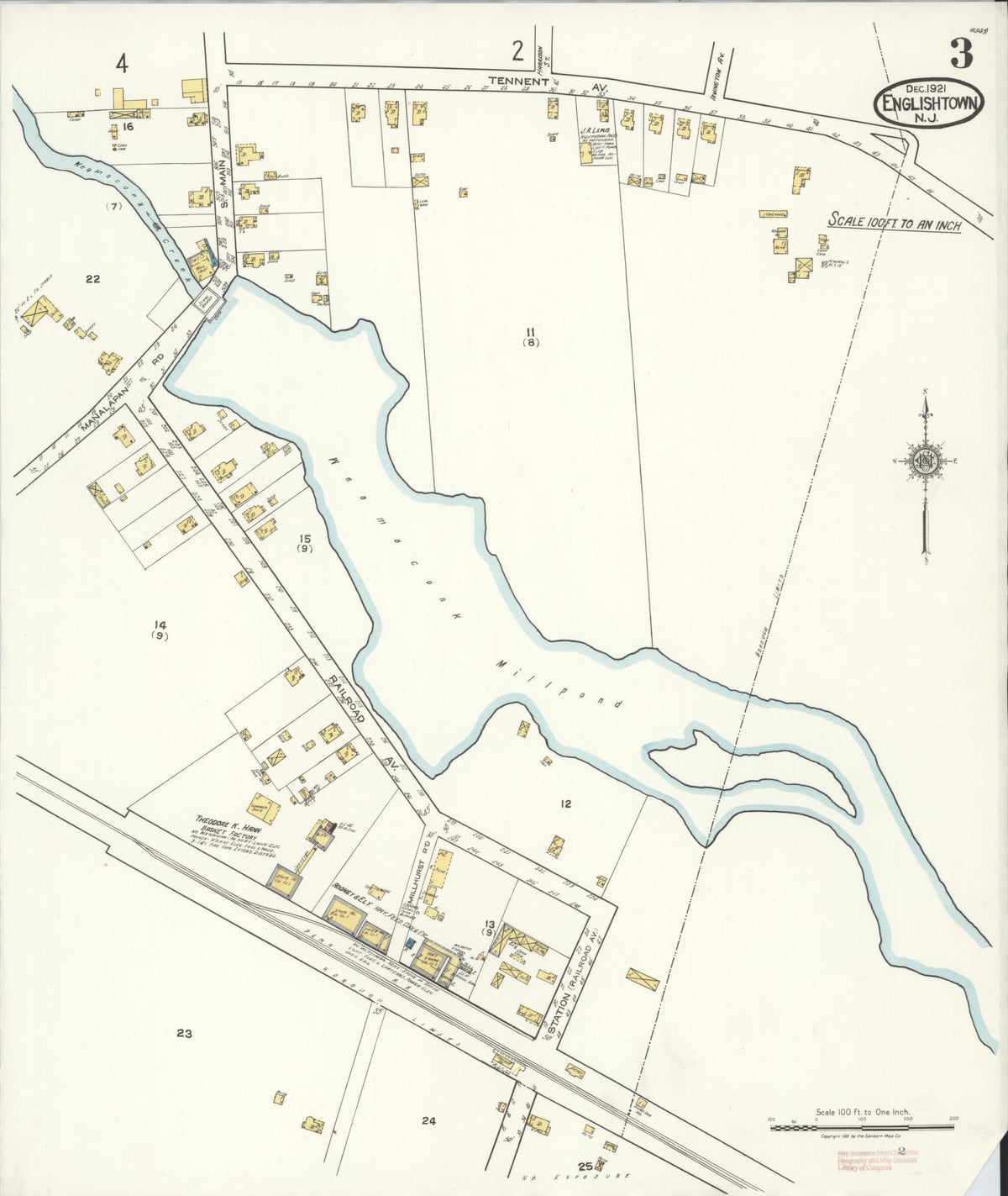Sanborn Fire Insurance Map from Englishtown, Monmouth County, New Jersey (1921), Sheet #0003 - Historic Sanborn Fire Insurance Map Print, vintage old map wall art, antique decor, genealogy gift, New Jersey New Jersey map