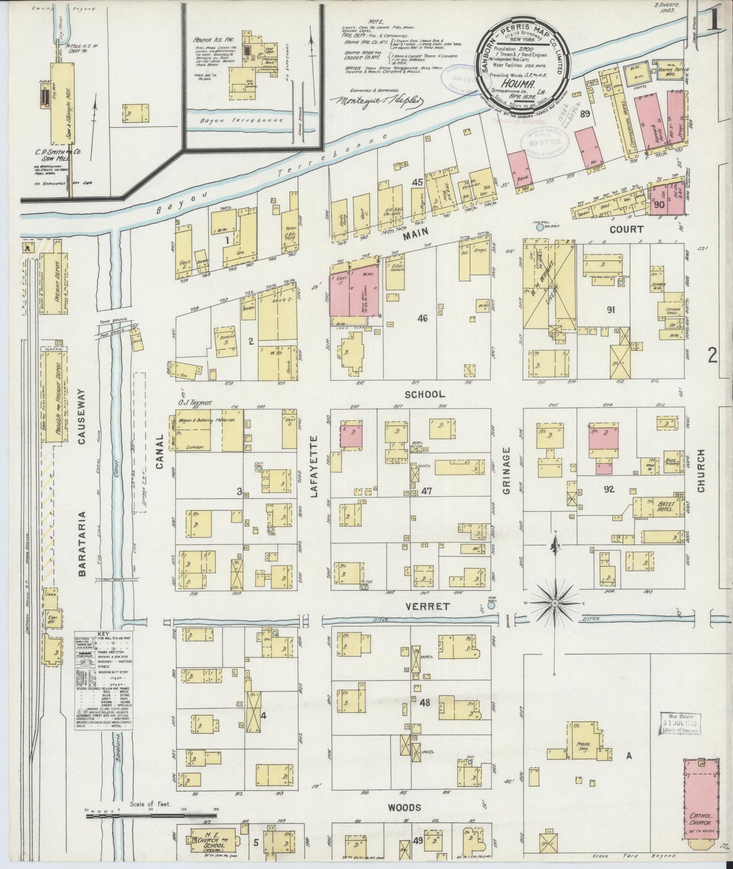 Sanborn Fire Insurance Map from Houma, Terrebonne Parish, Louisiana (1898), Sheet #0001 - Complete Map Set gallery image, historic Sanborn map, vintage wall art, Louisiana Louisiana