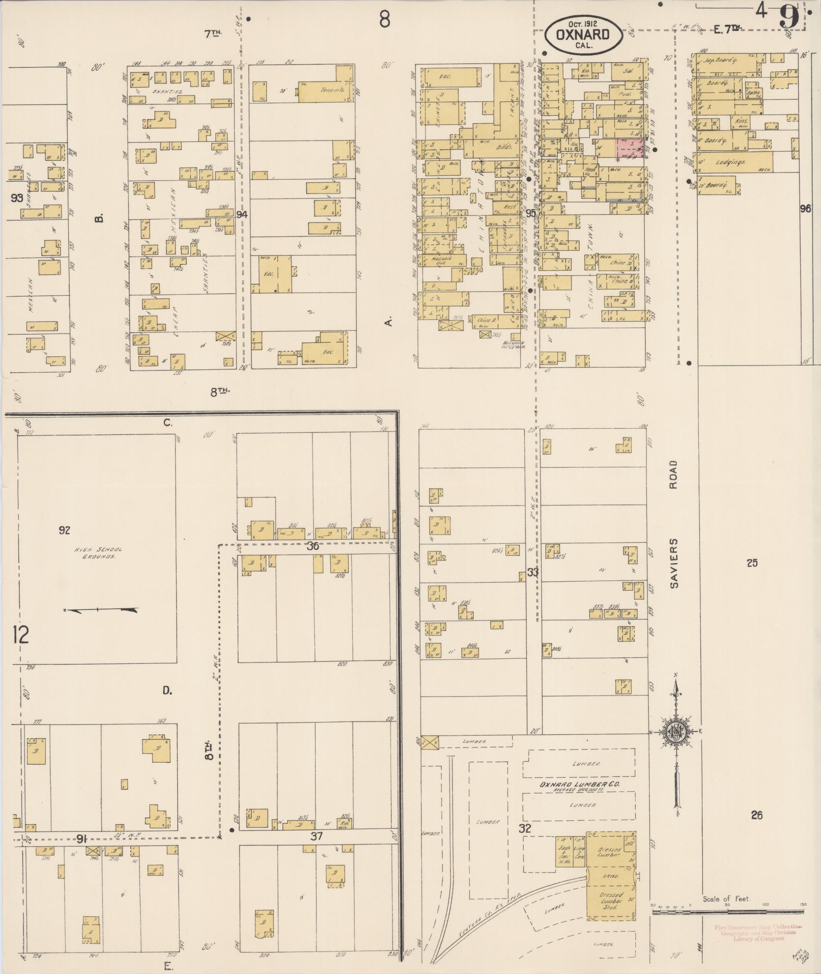 Sanborn Fire Insurance Map from Oxnard, Ventura County, California (1912), Sheet #0009 - Complete Map Set gallery image, historic Sanborn map, vintage wall art, California California