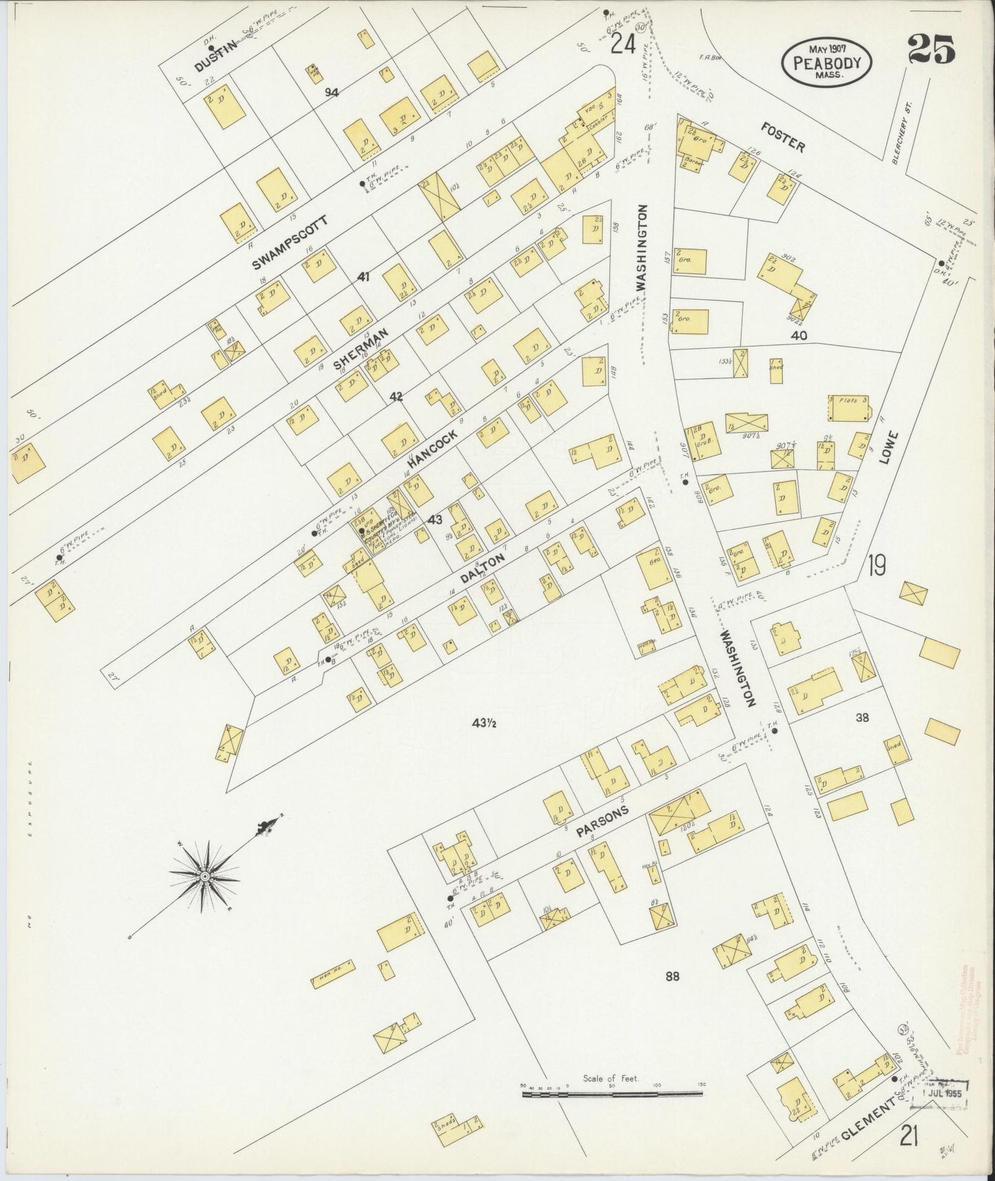 Sanborn Fire Insurance Map from Peabody, Essex County, Massachusetts (1907), Sheet #0025 - Complete Map Set gallery image, historic Sanborn map, vintage wall art, Massachusetts Massachusetts