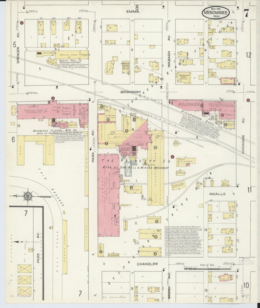 Sanborn Fire Insurance Map from Menominee, Menominee County, Michigan (1913), Sheet #0007 - Historic Sanborn Fire Insurance Map Print, vintage old map wall art, antique decor, genealogy gift, Michigan Michigan map