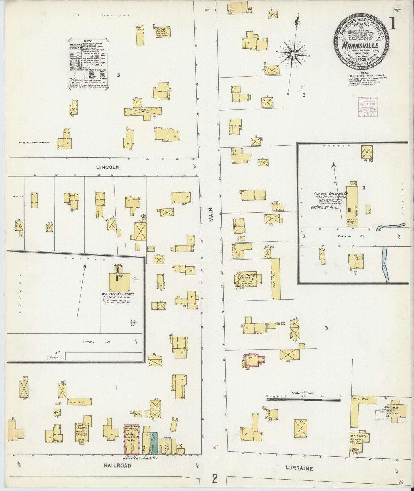 Sanborn Fire Insurance Map from Mannsville, Jefferson County, New York (1906), Sheet #0001 - Historic Sanborn Fire Insurance Map Print, vintage old map wall art, antique decor, genealogy gift, New York New York map