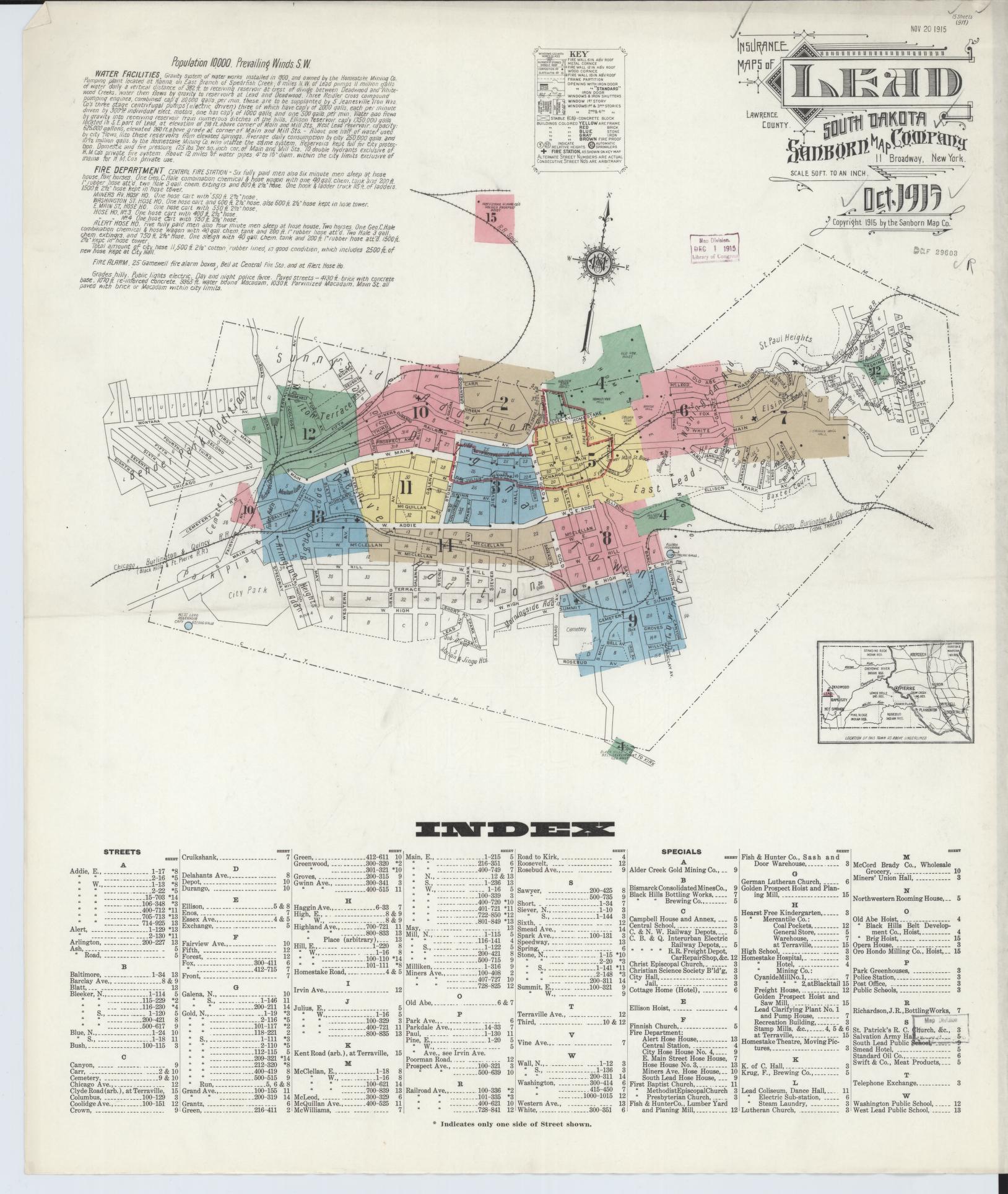 Sanborn Fire Insurance Map from Lead, Lawrence County, South Dakota (1915), Sheet #0001 - Complete Map Set gallery image, historic Sanborn map, vintage wall art, South Dakota South Dakota