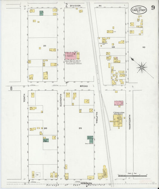 Sanborn Fire Insurance Map from Carlstadt, Bergen County, New Jersey (1909), Sheet #0009 - Historic Sanborn Fire Insurance Map Print, vintage old map wall art, antique decor, genealogy gift, New Jersey New Jersey map