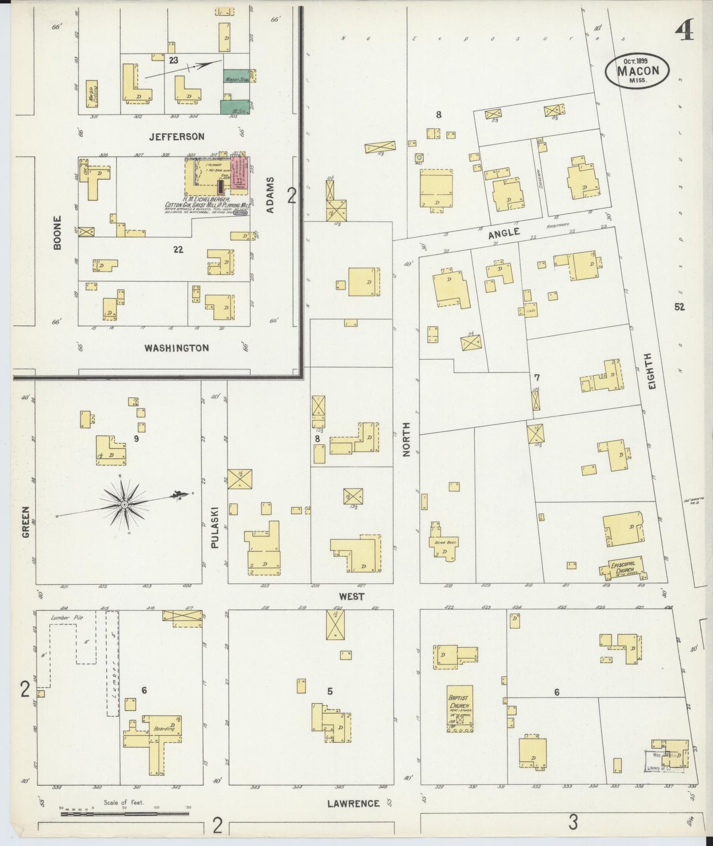 Sanborn Fire Insurance Map from Macon, Noxubee County, Mississippi (1899), Sheet #0004 - Historic Sanborn Fire Insurance Map Print, vintage old map wall art, antique decor, genealogy gift, Mississippi Mississippi map
