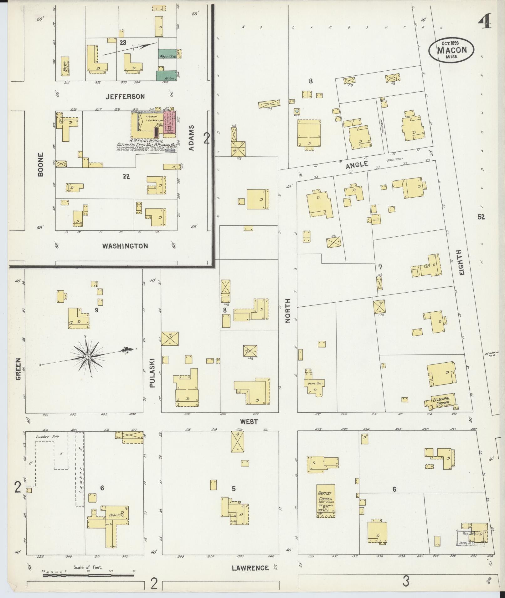 Sanborn Fire Insurance Map from Macon, Noxubee County, Mississippi (1899), Sheet #0004 - Historic Sanborn Fire Insurance Map Print, vintage old map wall art, antique decor, genealogy gift, Mississippi Mississippi map