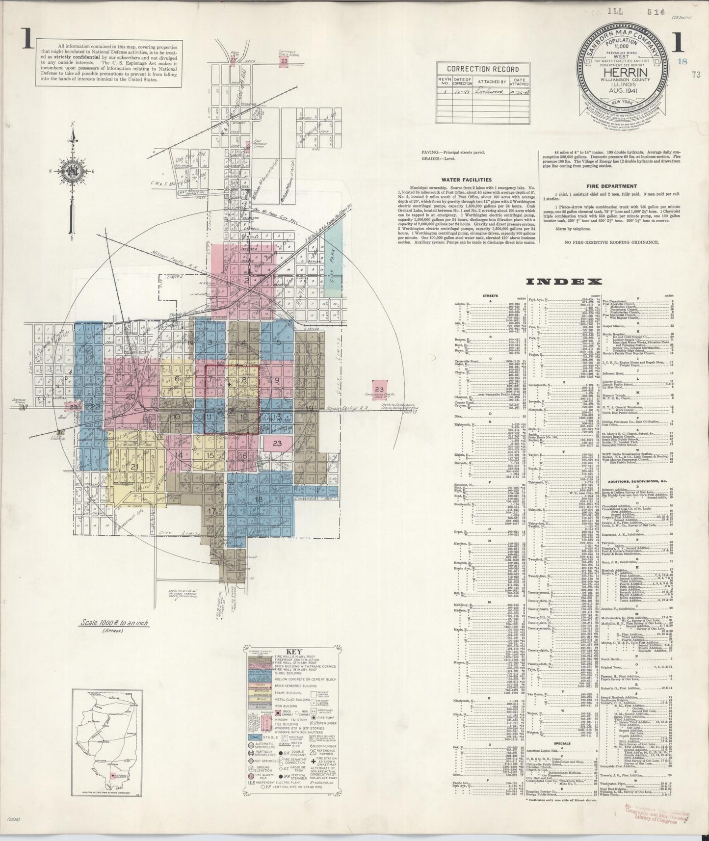 Sanborn Fire Insurance Map from Herrin, Williamson County, Illinois (1947), Sheet #0001 - Complete Map Set gallery image, historic Sanborn map, vintage wall art, Illinois Illinois