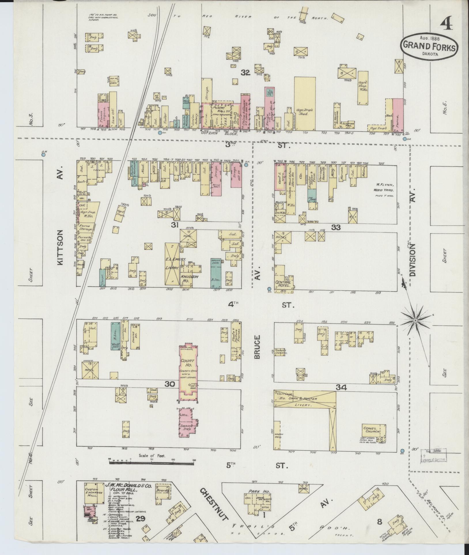 Sanborn Fire Insurance Map from Grand Forks, Grand Forks County, North Dakota (1888), Sheet #0004 - Historic Sanborn Fire Insurance Map Print, vintage old map wall art, antique decor, genealogy gift, North Dakota North Dakota map
