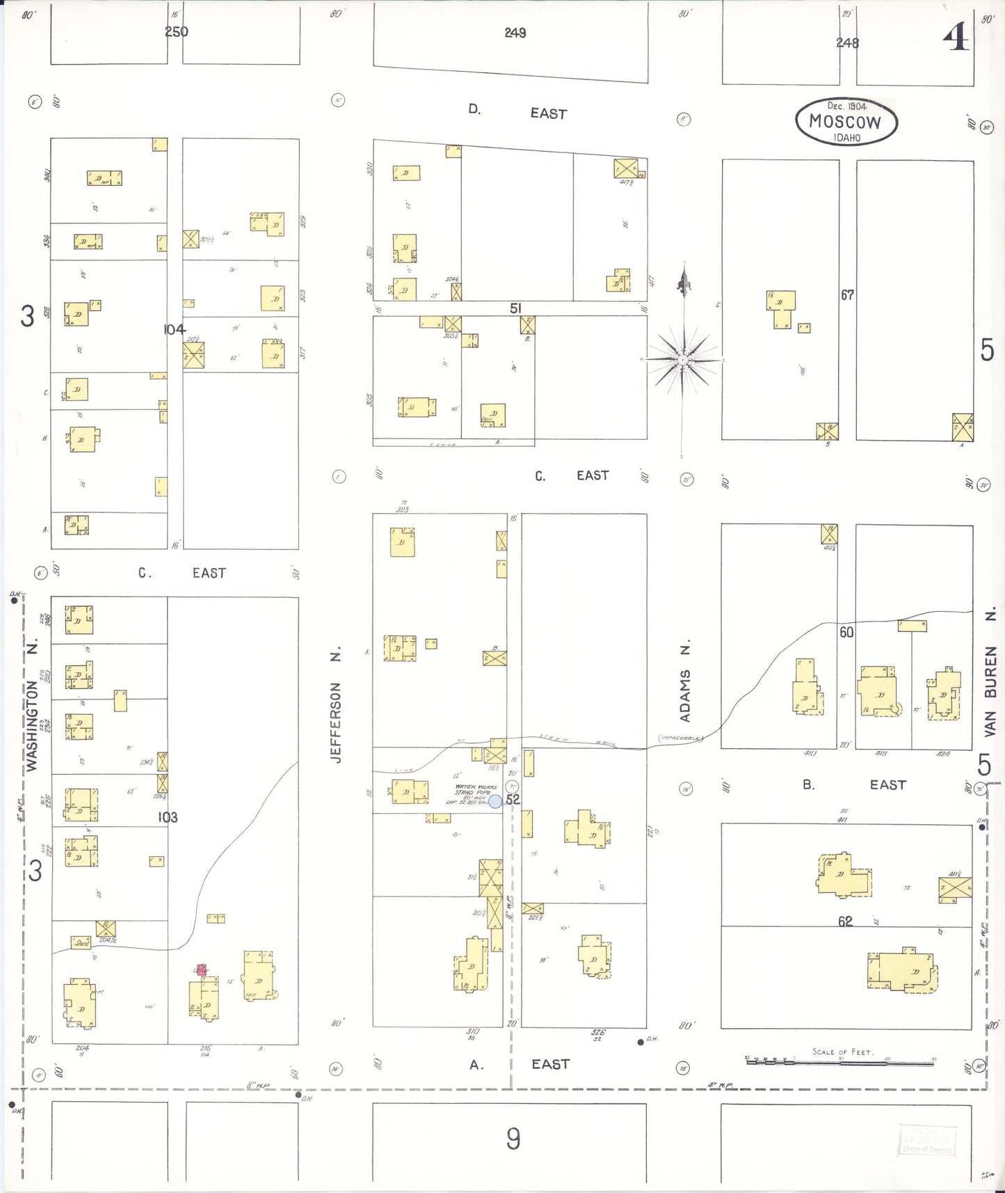 Sanborn Fire Insurance Map from Moscow, Latah County, Idaho (1904), Sheet #0004 - Historic Sanborn Fire Insurance Map Print, vintage old map wall art, antique decor, genealogy gift, Idaho Idaho map