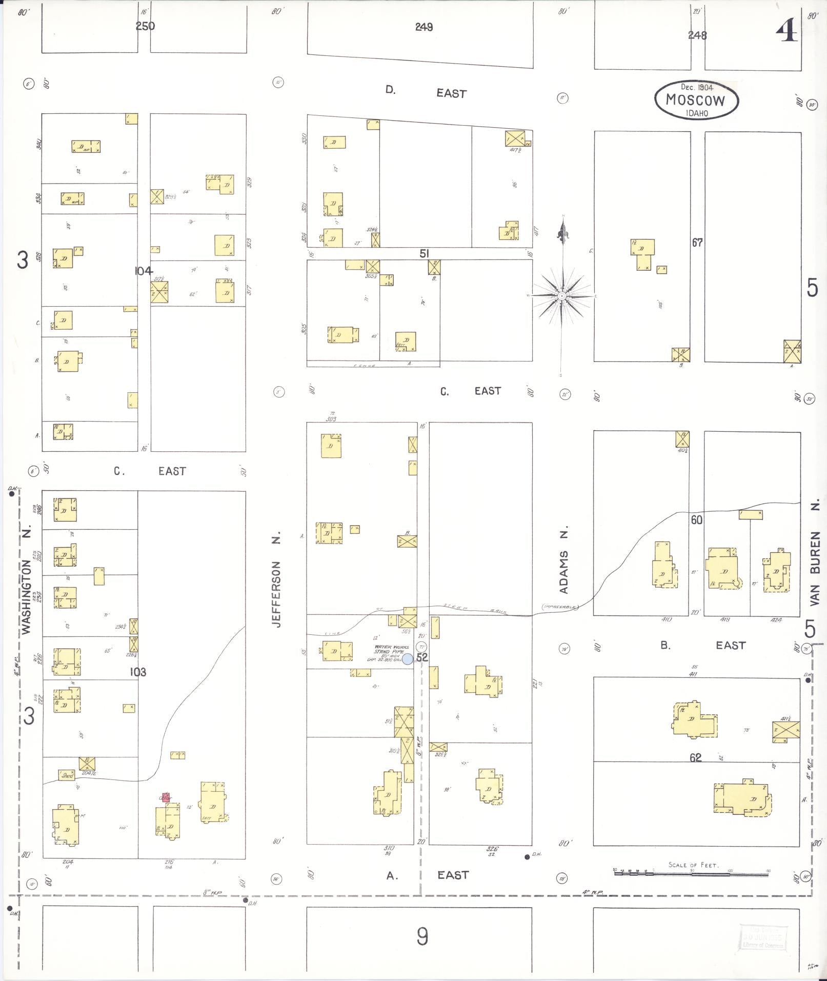 Sanborn Fire Insurance Map from Moscow, Latah County, Idaho (1904), Sheet #0004 - Historic Sanborn Fire Insurance Map Print, vintage old map wall art, antique decor, genealogy gift, Idaho Idaho map