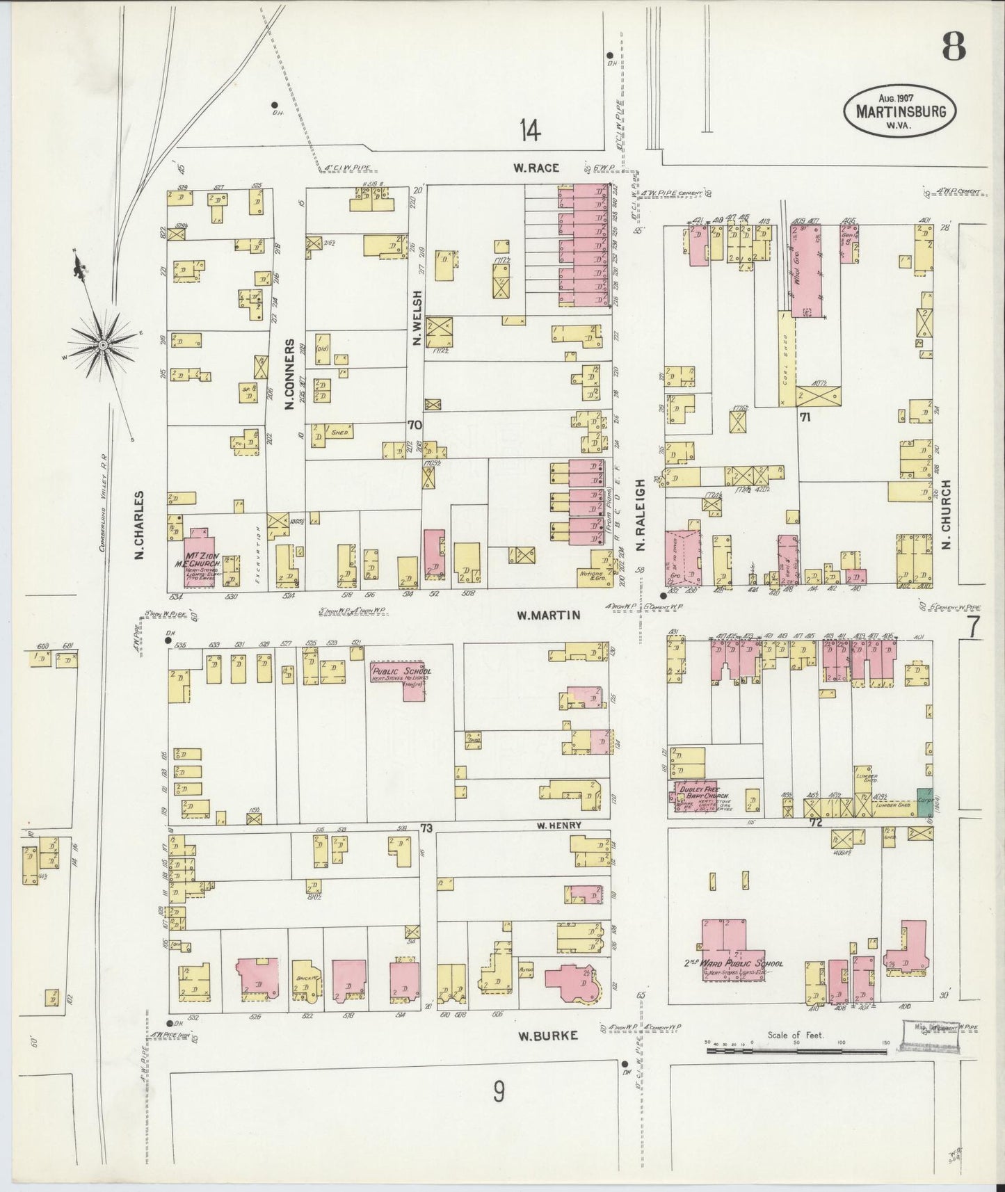 Sanborn Fire Insurance Map from Martinsburg, Berkeley County, West Virginia (1907), Sheet #0008 - Complete Map Set gallery image, historic Sanborn map, vintage wall art, West Virginia West Virginia