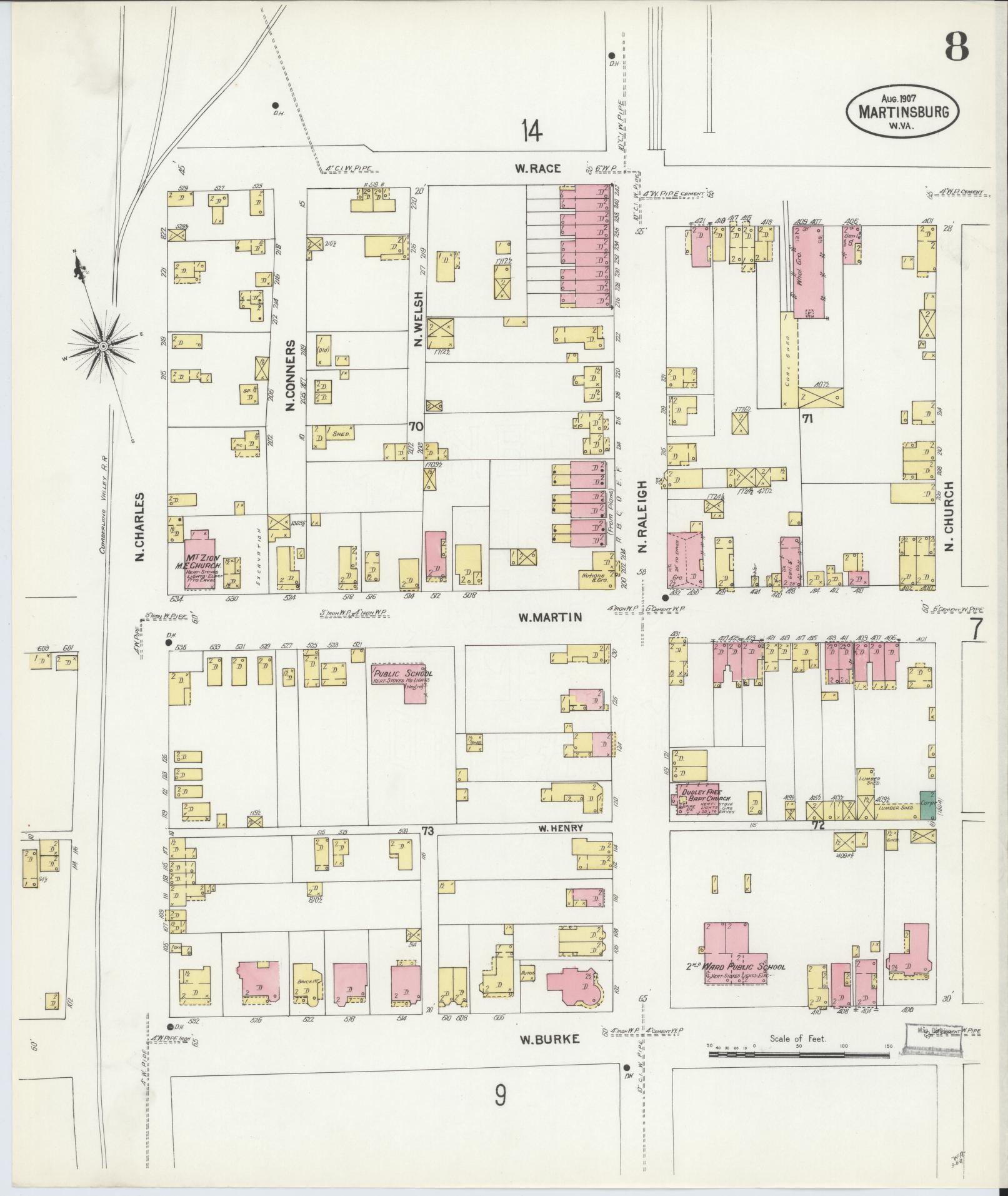 Sanborn Fire Insurance Map from Martinsburg, Berkeley County, West Virginia (1907), Sheet #0008 - Complete Map Set gallery image, historic Sanborn map, vintage wall art, West Virginia West Virginia