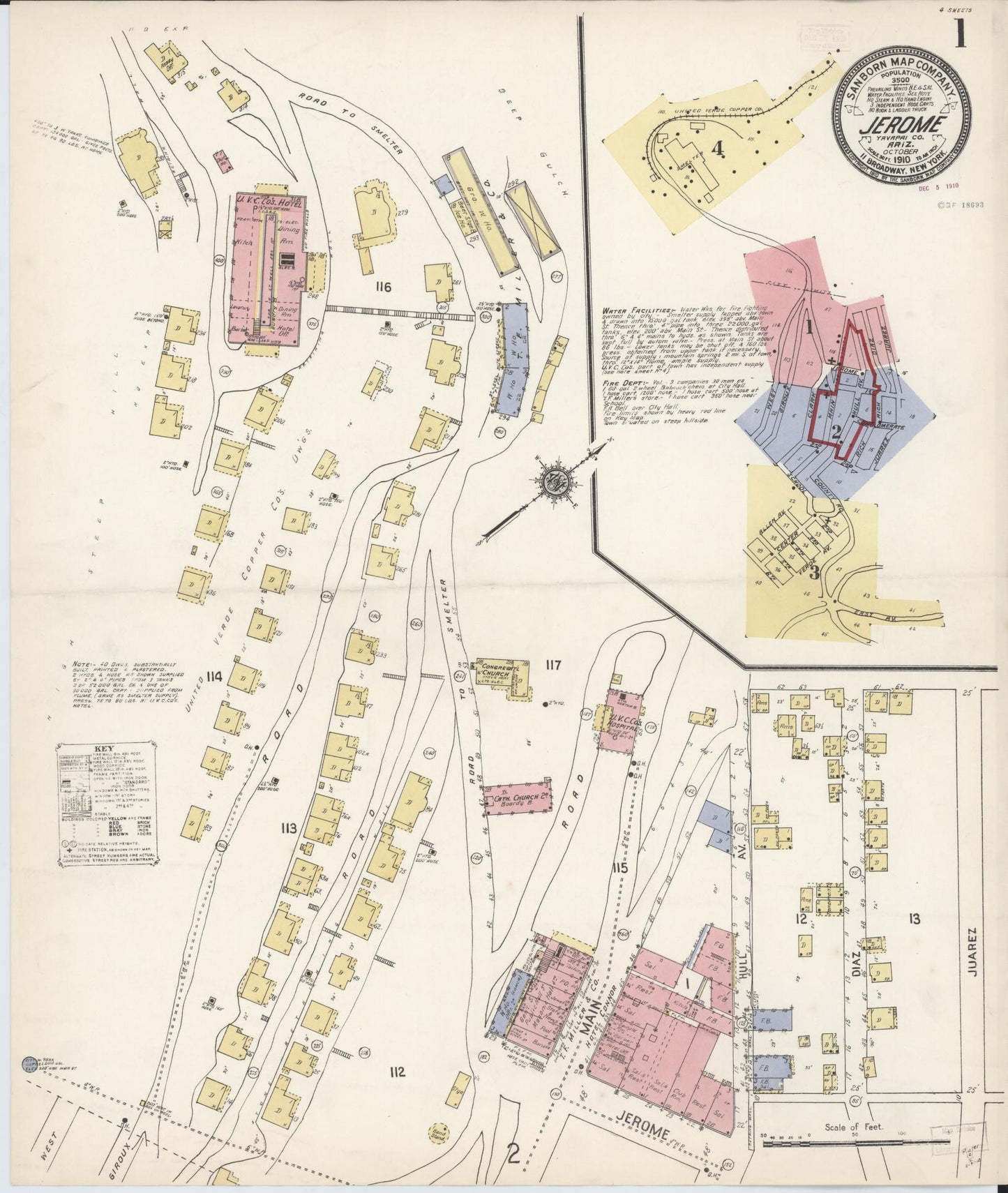 Sanborn Fire Insurance Map from Jerome, Yavapai County, Arizona (1910), Sheet #0001 - Complete Map Set gallery image, historic Sanborn map, vintage wall art, Arizona Arizona