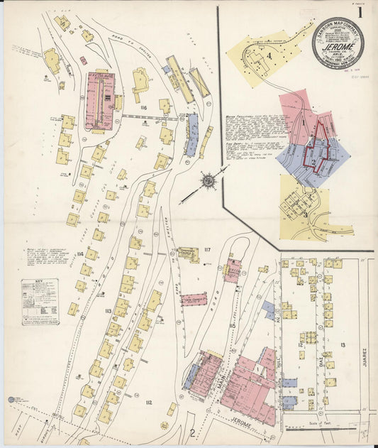 Sanborn Fire Insurance Map from Jerome, Yavapai County, Arizona (1910), Sheet #0001 - Complete Map Set gallery image, historic Sanborn map, vintage wall art, Arizona Arizona