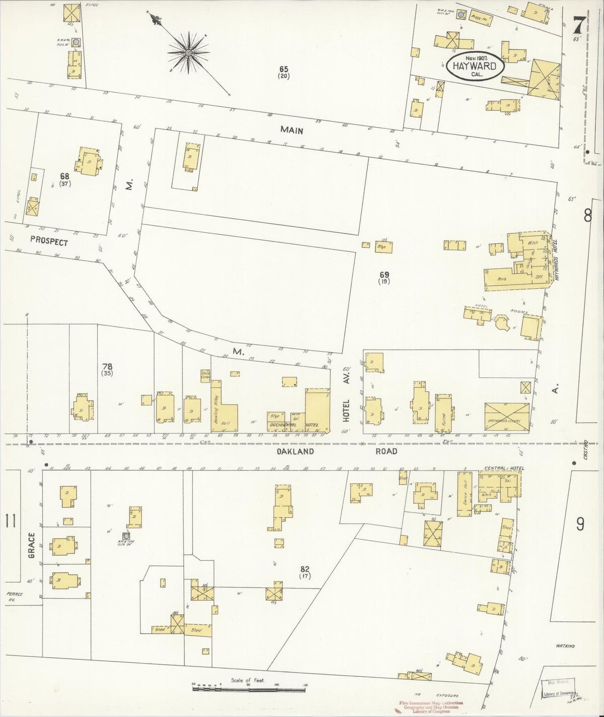 Sanborn Fire Insurance Map from Hayward, Alameda County, California (1907), Sheet #0007 - Complete Map Set gallery image, historic Sanborn map, vintage wall art, California California