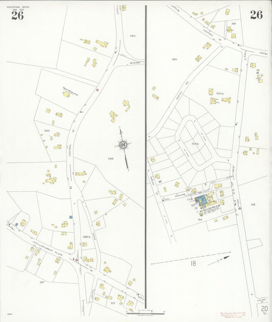 Sanborn Fire Insurance Map from Needham, Norfolk County, Massachusetts (1937), Sheet #0026 - Historic Sanborn Fire Insurance Map Print, vintage old map wall art, antique decor, genealogy gift, Massachusetts Massachusetts map
