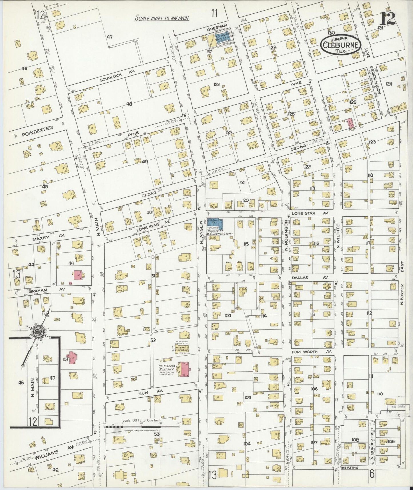 Sanborn Fire Insurance Map from Cleburne, Johnson County, Texas (1918), Sheet #0012 - Historic Sanborn Fire Insurance Map Print, vintage old map wall art, antique decor, genealogy gift, Texas Texas map