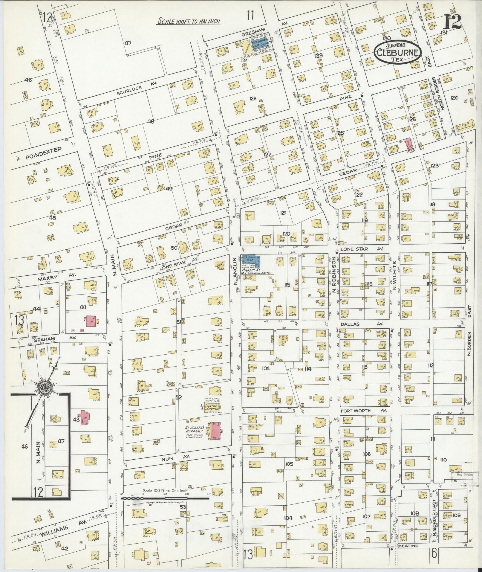 Sanborn Fire Insurance Map from Cleburne, Johnson County, Texas (1918), Sheet #0012 - Historic Sanborn Fire Insurance Map Print, vintage old map wall art, antique decor, genealogy gift, Texas Texas map