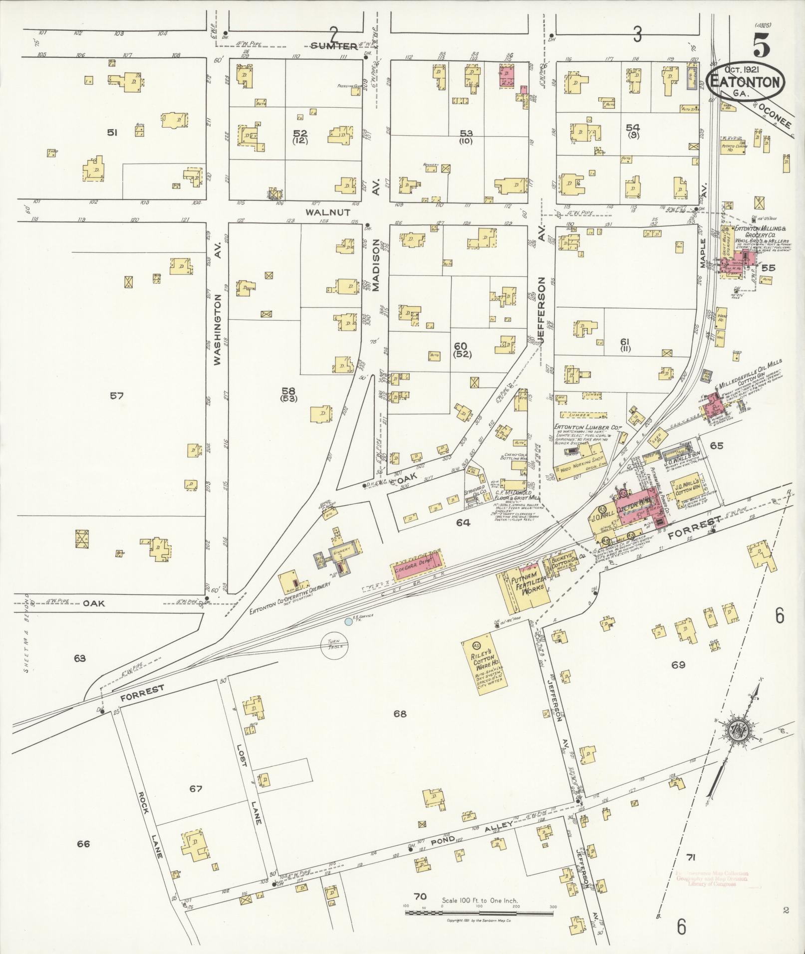 Sanborn Fire Insurance Map from Eatonton, Putnam County, Georgia (1921), Sheet #0005 - Complete Map Set gallery image, historic Sanborn map, vintage wall art, Georgia Georgia