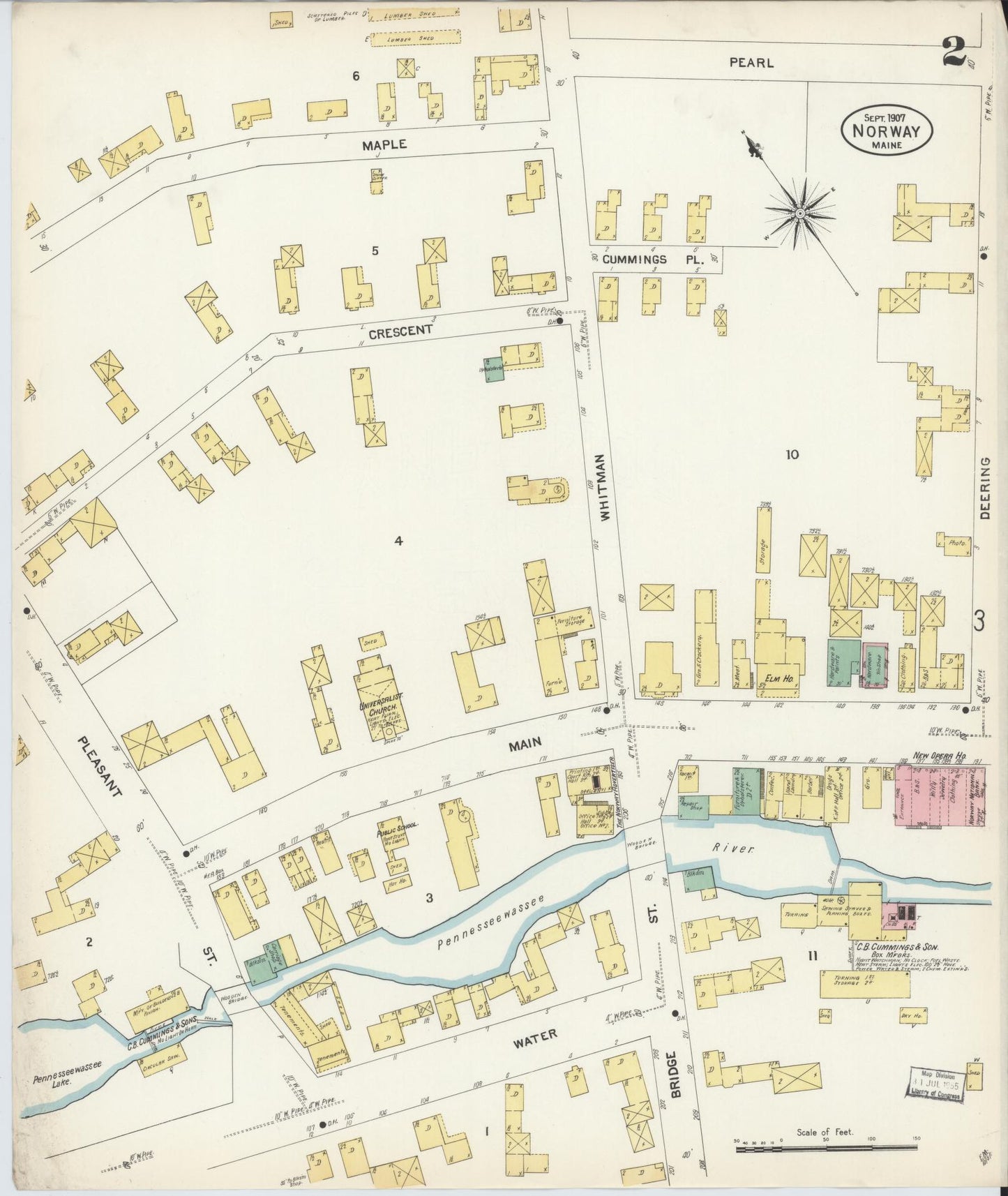 Sanborn Fire Insurance Map from Norway, Oxford County, Maine (1907), Sheet #0002 - Historic Sanborn Fire Insurance Map Print, vintage old map wall art, antique decor, genealogy gift, Maine Maine map