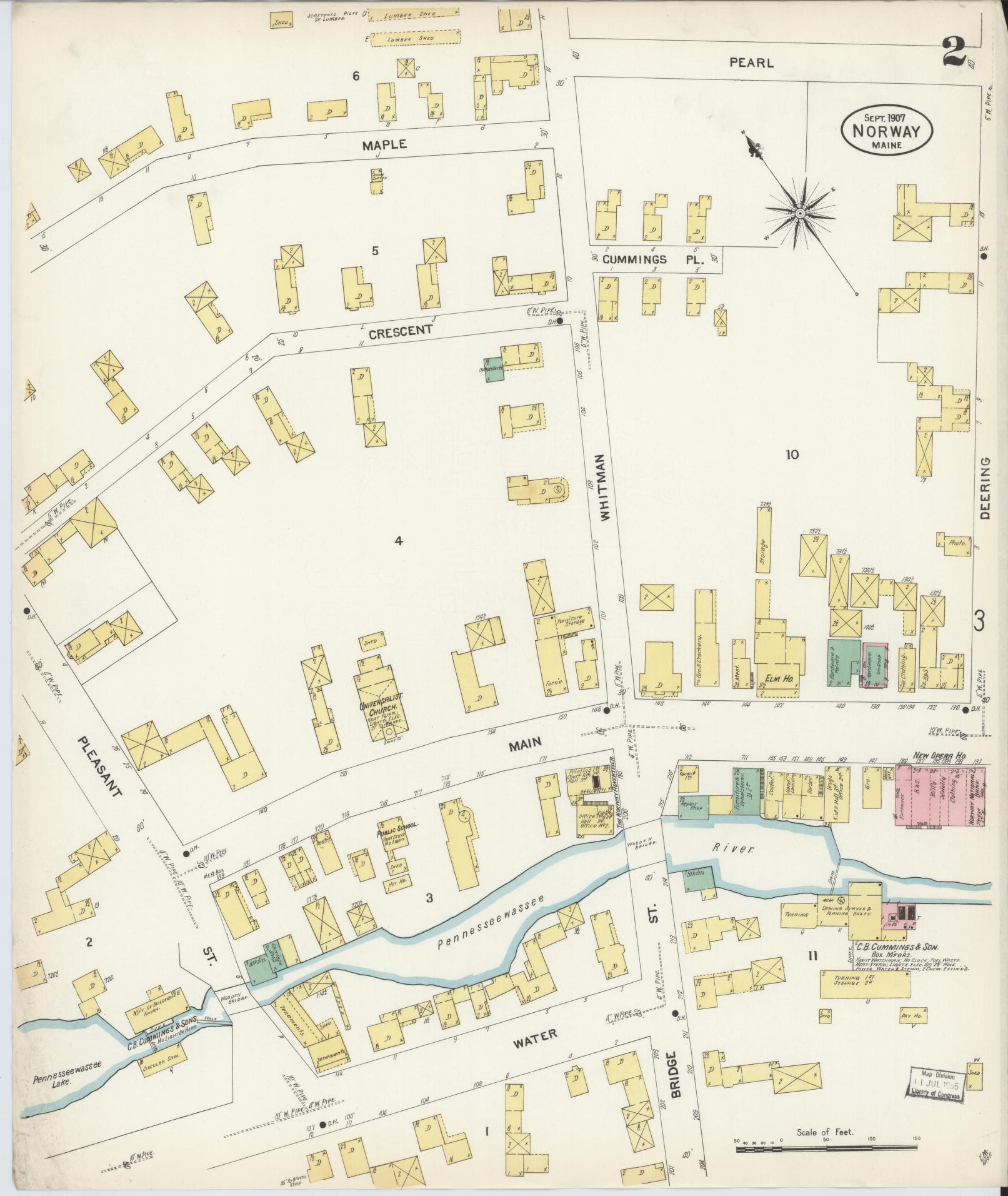 Sanborn Fire Insurance Map from Norway, Oxford County, Maine (1907), Sheet #0002 - Historic Sanborn Fire Insurance Map Print, vintage old map wall art, antique decor, genealogy gift, Maine Maine map