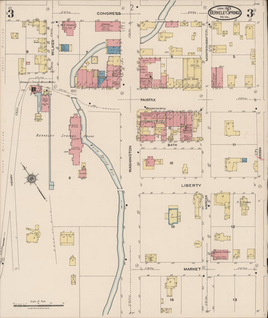 Sanborn Fire Insurance Map from Berkeley Springs, Morgan County, West Virginia (1923), Sheet #0003 - Historic Sanborn Fire Insurance Map Print, vintage old map wall art, antique decor, genealogy gift, West Virginia West Virginia map