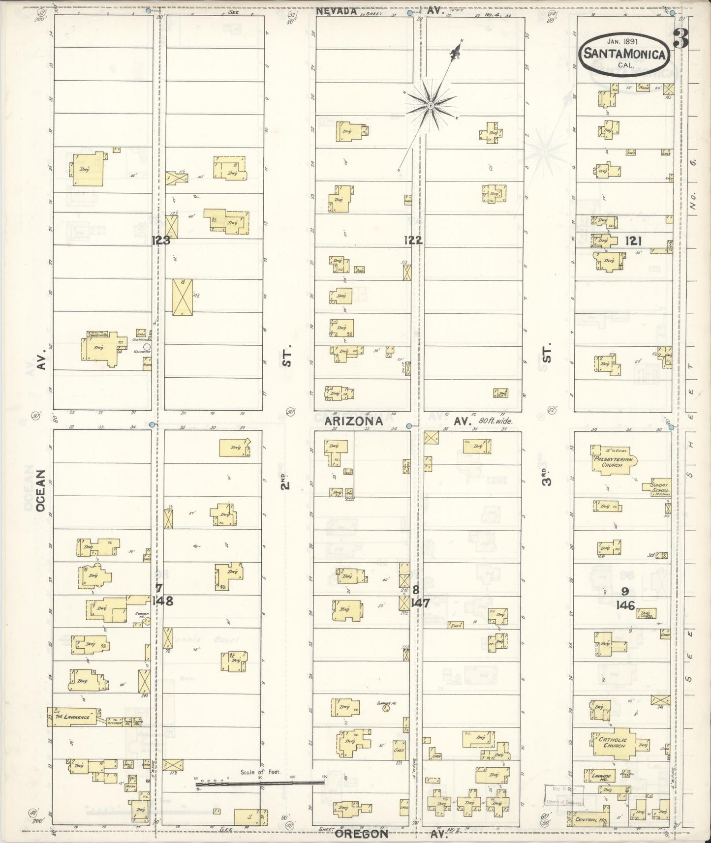 Sanborn Fire Insurance Map from Santa Monica, Los Angeles County, California (1891), Sheet #0003 - Complete Map Set gallery image, historic Sanborn map, vintage wall art, California California