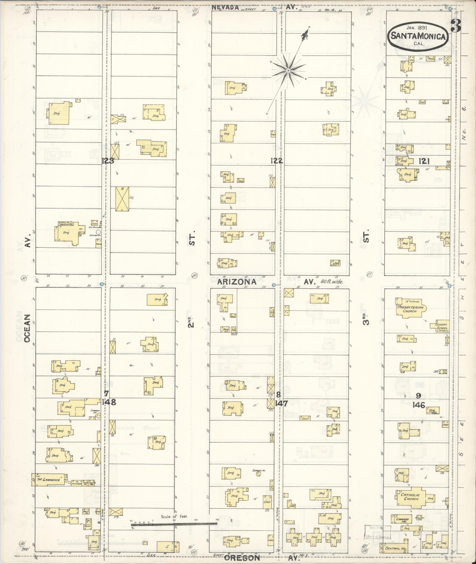 Sanborn Fire Insurance Map from Santa Monica, Los Angeles County, California (1891), Sheet #0003 - Complete Map Set gallery image, historic Sanborn map, vintage wall art, California California