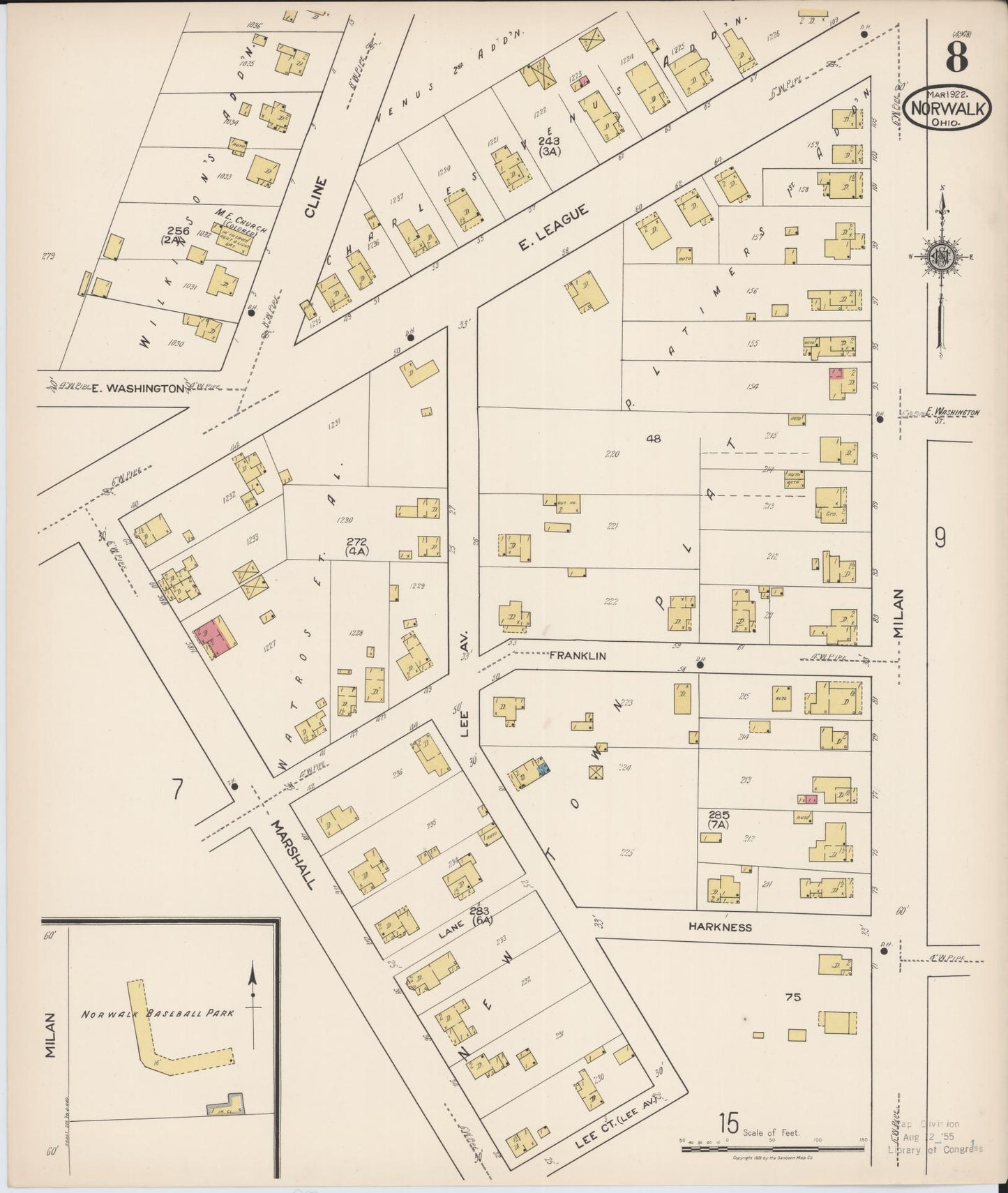 Sanborn Fire Insurance Map from Norwalk, Huron County, Ohio (1922), Sheet #0008 - Historic Sanborn Fire Insurance Map Print, vintage old map wall art, antique decor, genealogy gift, Ohio Ohio map