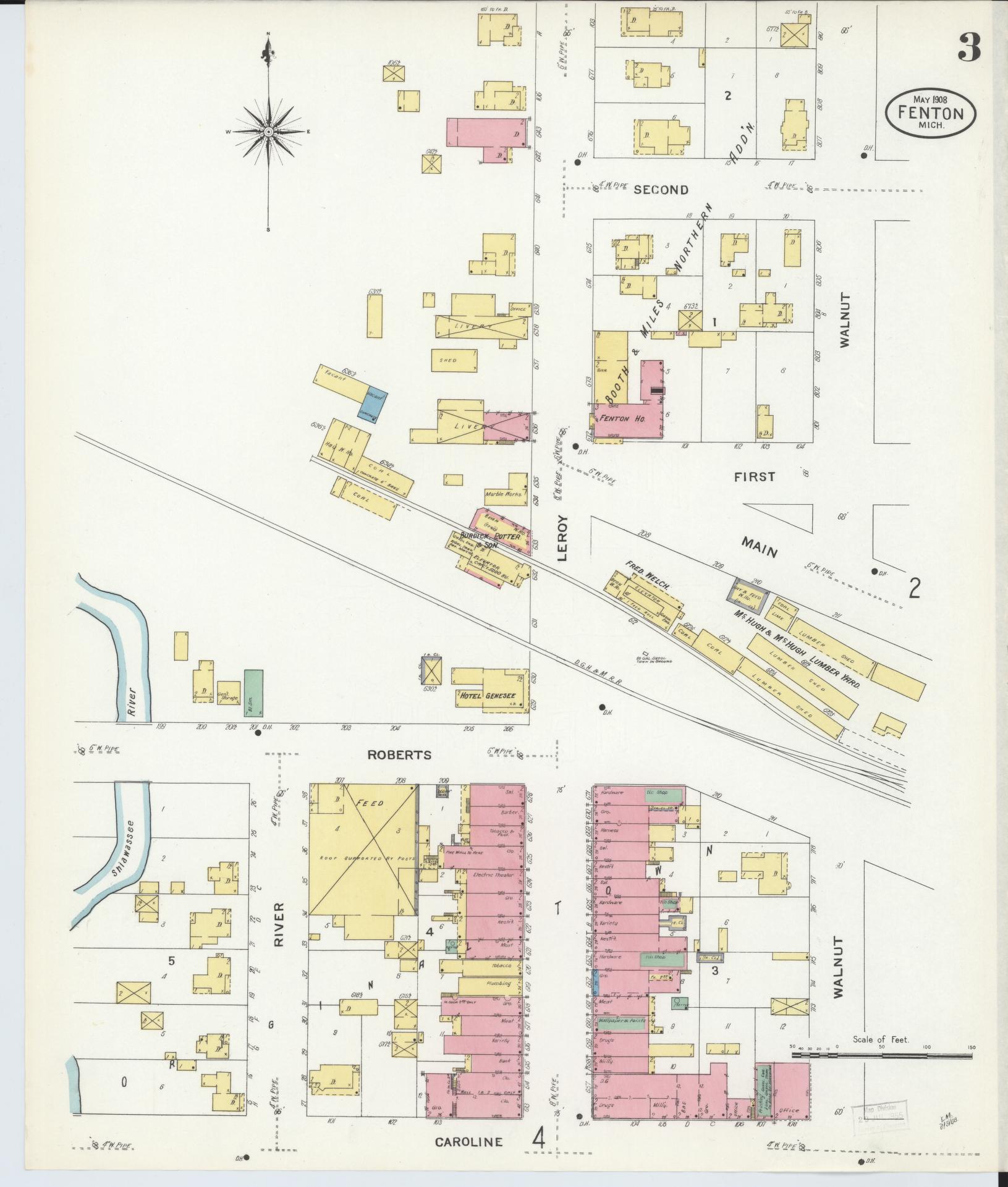 Sanborn Fire Insurance Map from Fenton, Genesee County, Michigan (1908), Sheet #0003 - Historic Sanborn Fire Insurance Map Print, vintage old map wall art, antique decor, genealogy gift, Michigan Michigan map