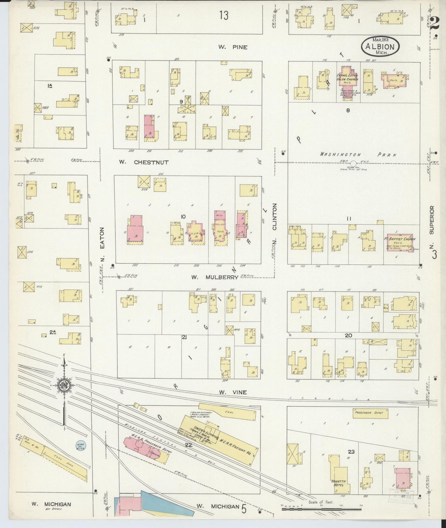 Sanborn Fire Insurance Map from Albion, Calhoun County, Michigan (1913), Sheet #0002 - Complete Map Set gallery image, historic Sanborn map, vintage wall art, Michigan Michigan