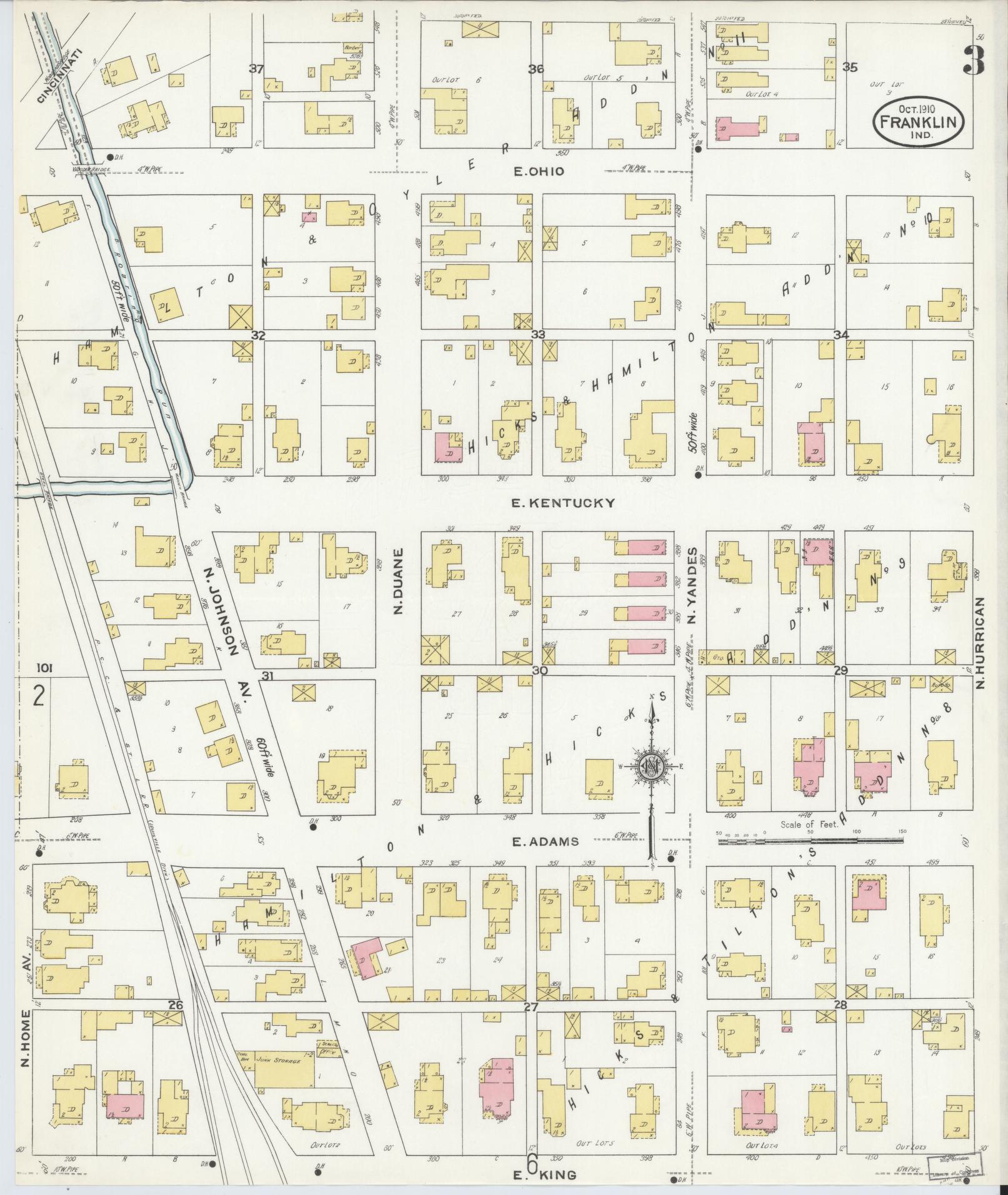 Sanborn Fire Insurance Map from Franklin, Johnson County, Indiana (1910), Sheet #0003 - Complete Map Set gallery image, historic Sanborn map, vintage wall art, Indiana Indiana