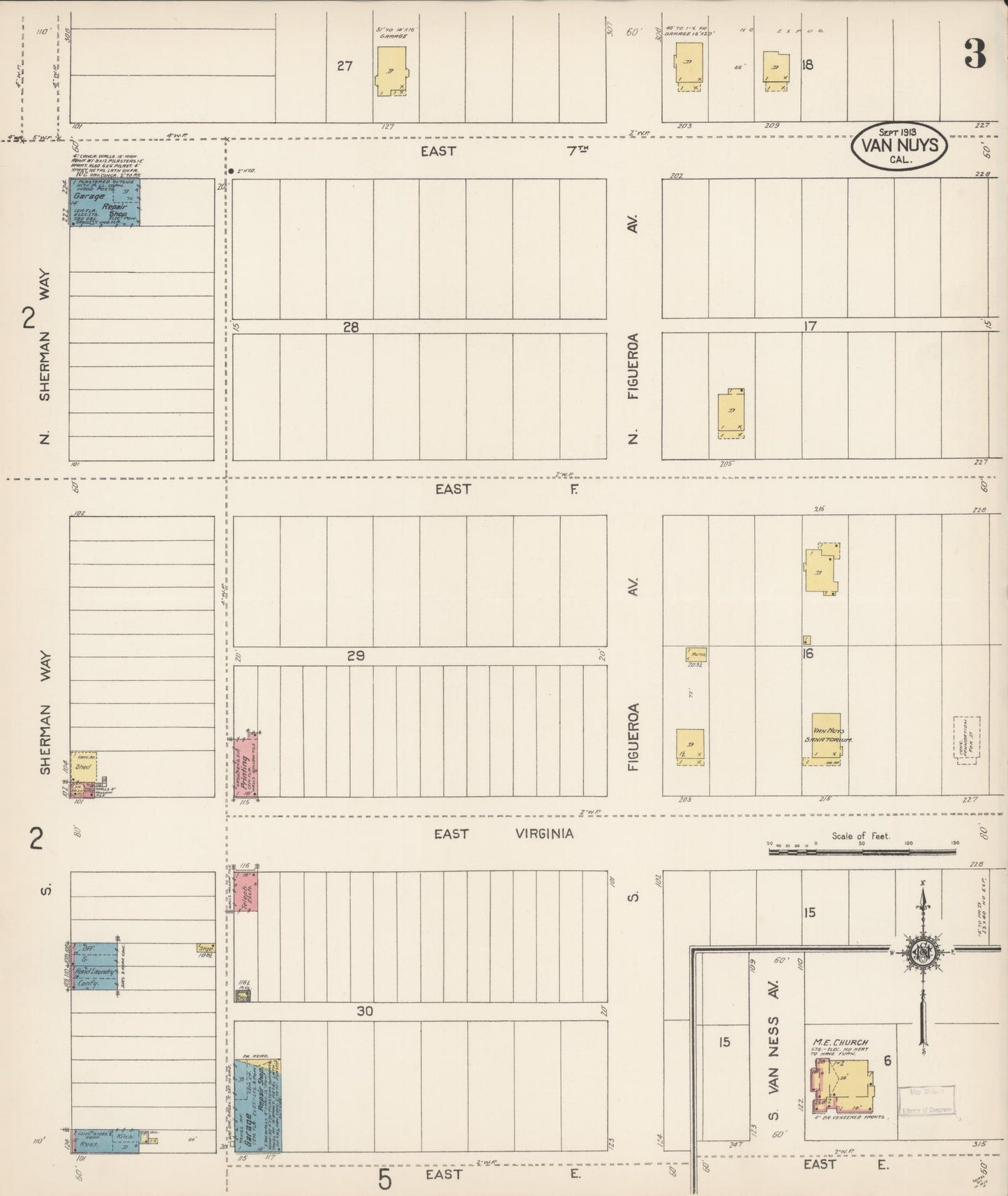 Sanborn Fire Insurance Map from Van Nuys, Los Angeles County, California (1913), Sheet #0003 - Complete Map Set gallery image, historic Sanborn map, vintage wall art, California California