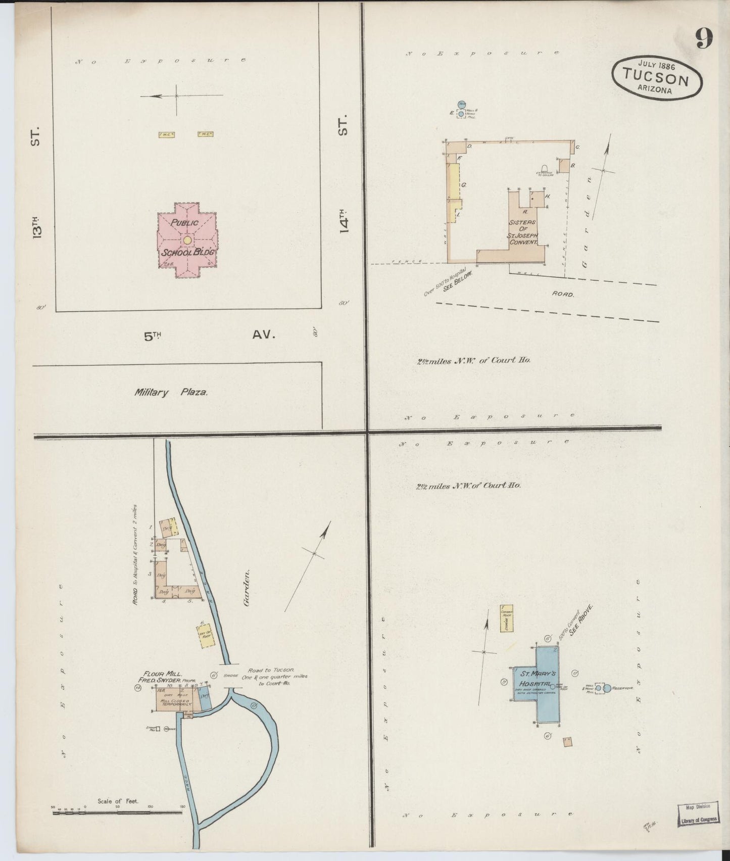 Sanborn Fire Insurance Map from Tucson, Pima County, Arizona (1886), Sheet #0009 - Historic Sanborn Fire Insurance Map Print, vintage old map wall art, antique decor, genealogy gift, Arizona Arizona map