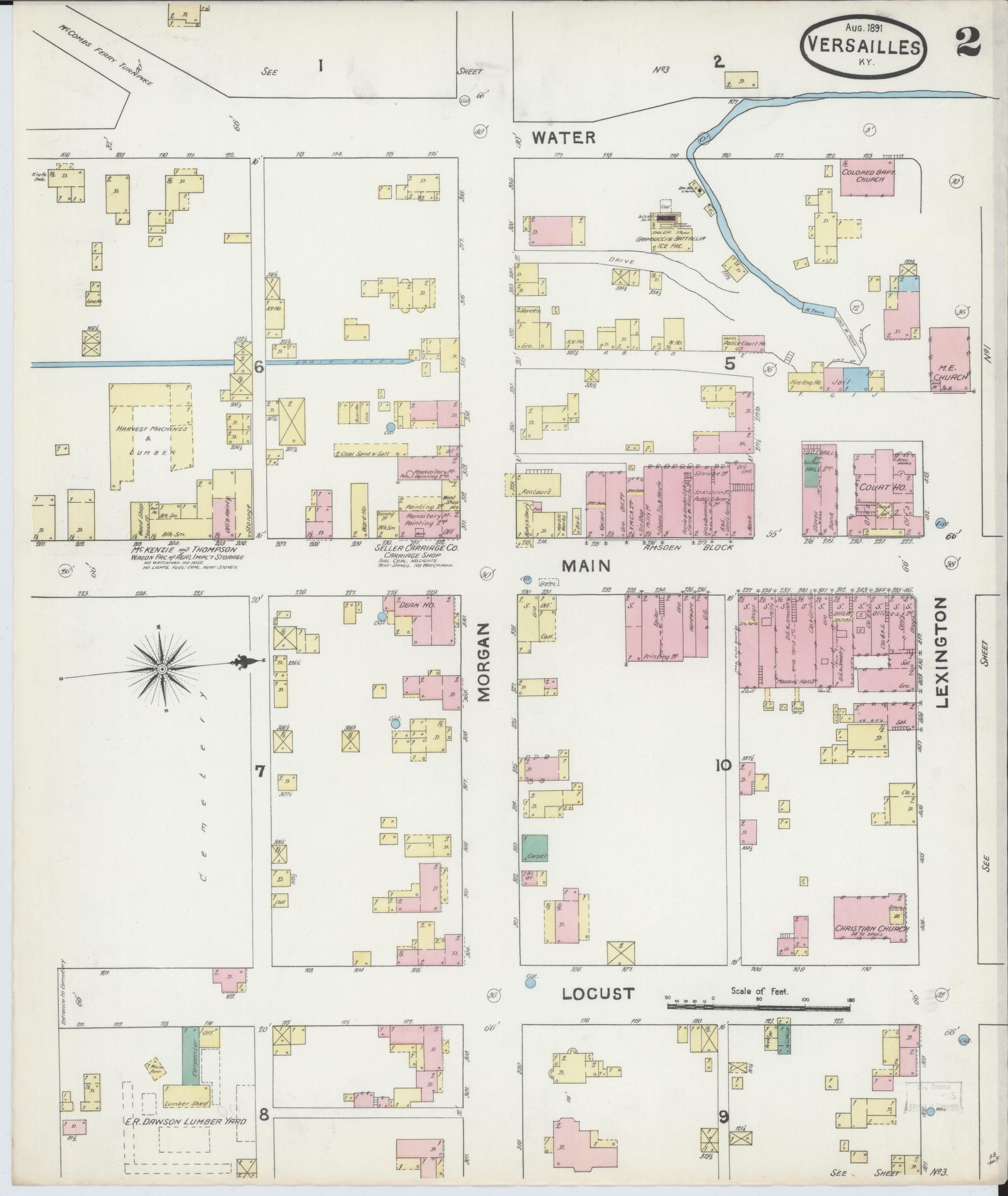 Sanborn Fire Insurance Map from Versailles, Woodford County, Kentucky (1891), Sheet #0002 - Complete Map Set gallery image, historic Sanborn map, vintage wall art, Kentucky Kentucky