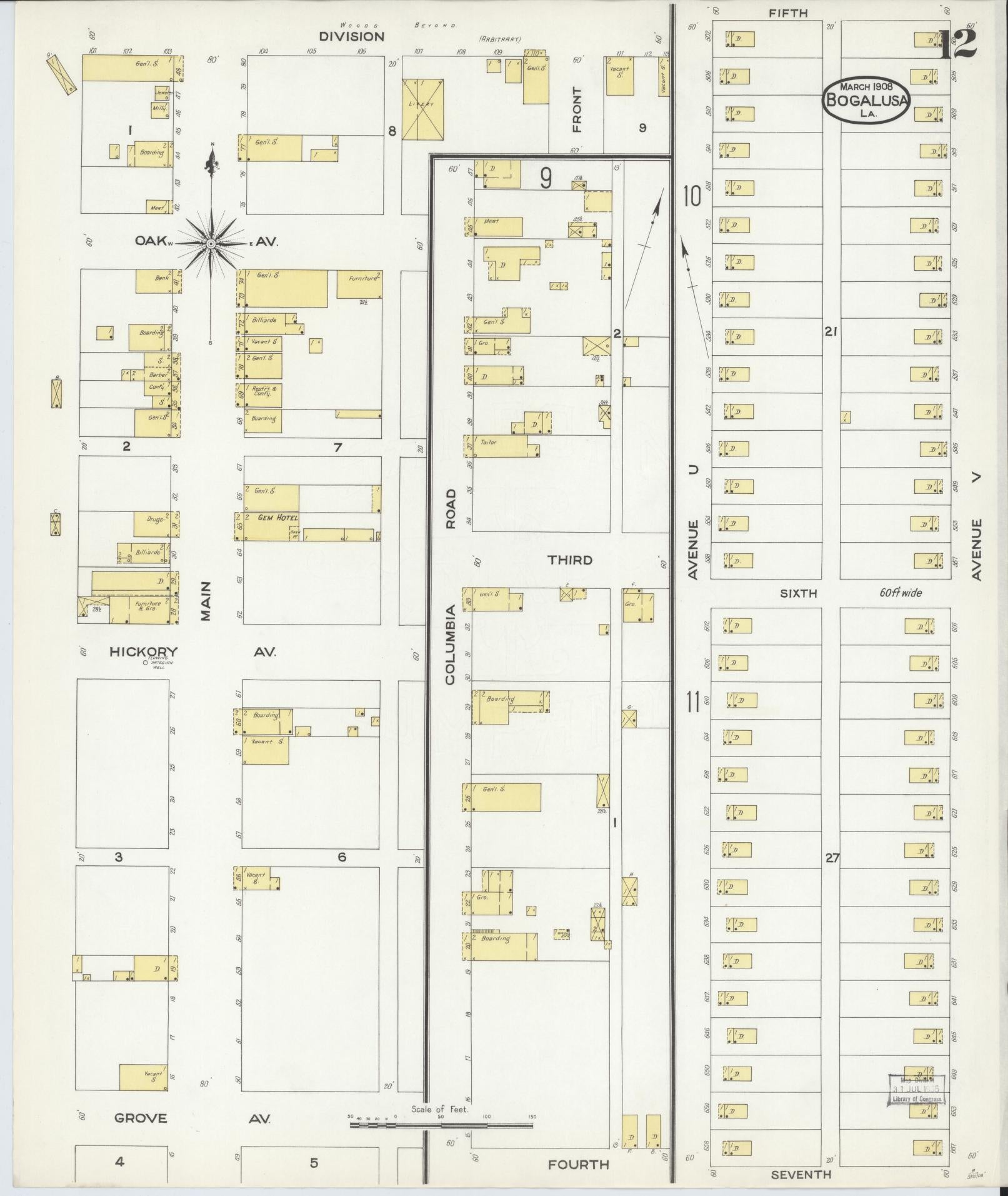 Sanborn Fire Insurance Map from Bogalusa, Washington Parish, Louisiana (1908), Sheet #0012 - Complete Map Set gallery image, historic Sanborn map, vintage wall art, Louisiana Louisiana