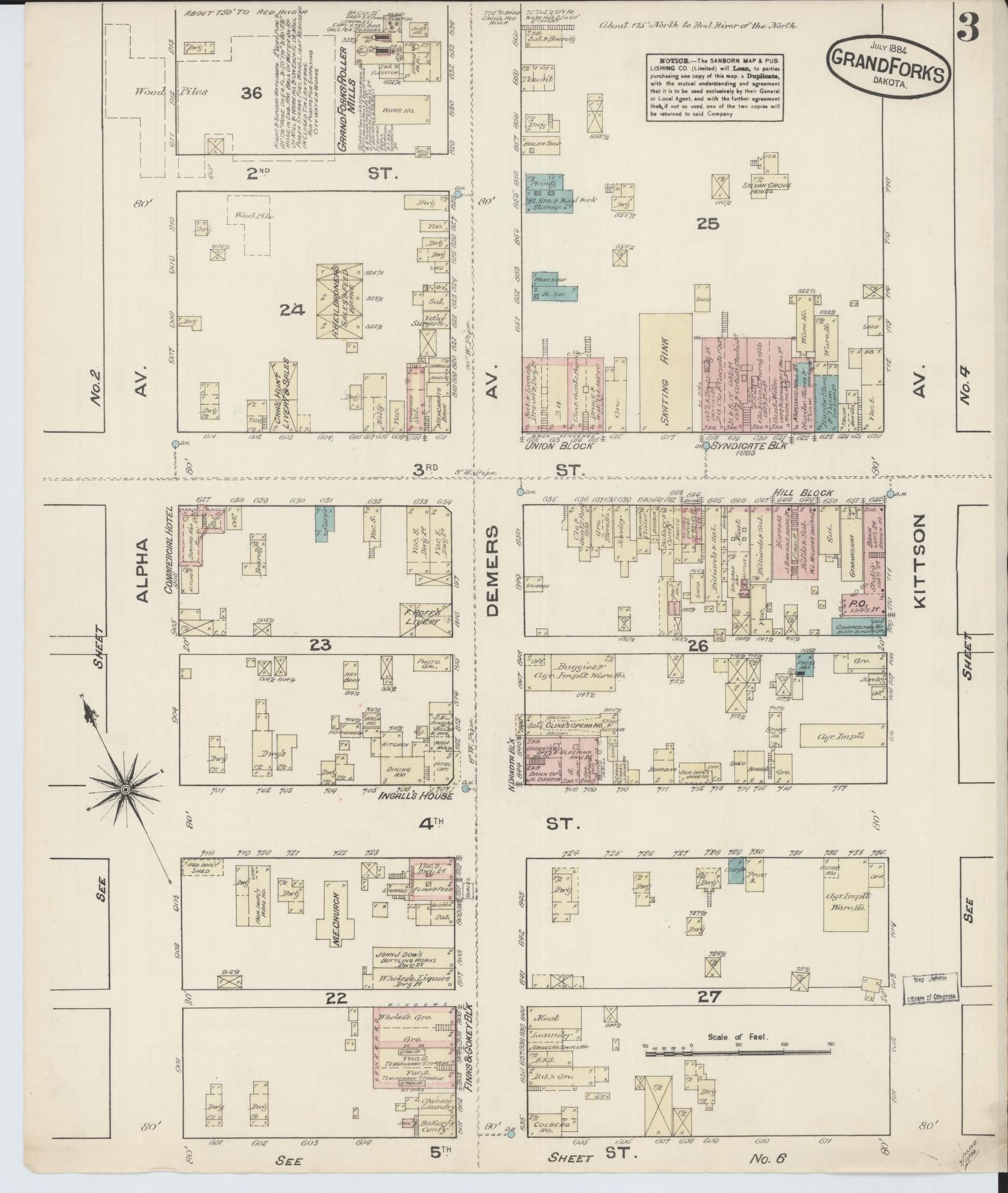 Sanborn Fire Insurance Map from Grand Forks, Grand Forks County, North Dakota (1884), Sheet #0003 - Complete Map Set gallery image, historic Sanborn map, vintage wall art, North Dakota North Dakota