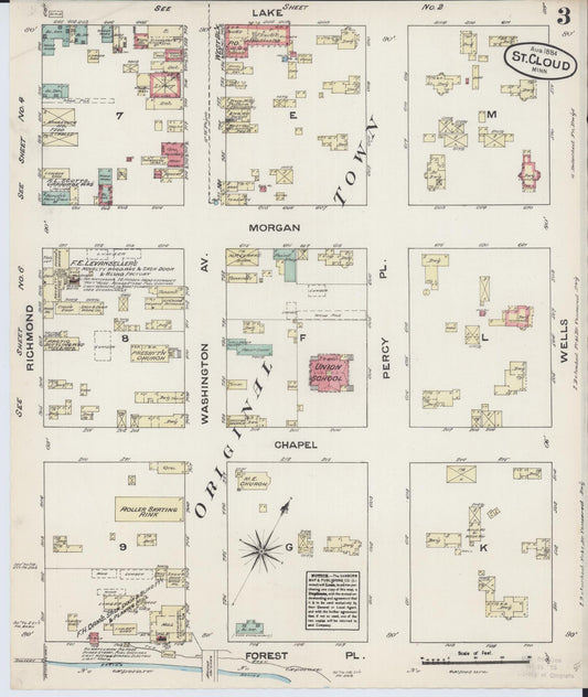 Sanborn Fire Insurance Map from Saint Cloud, Stearns, Benton, and Sherburne Counties, Minnesota (1884), Sheet #0003 - Historic Sanborn Fire Insurance Map Print, vintage old map wall art, antique decor, genealogy gift, Minnesota Minnesota map