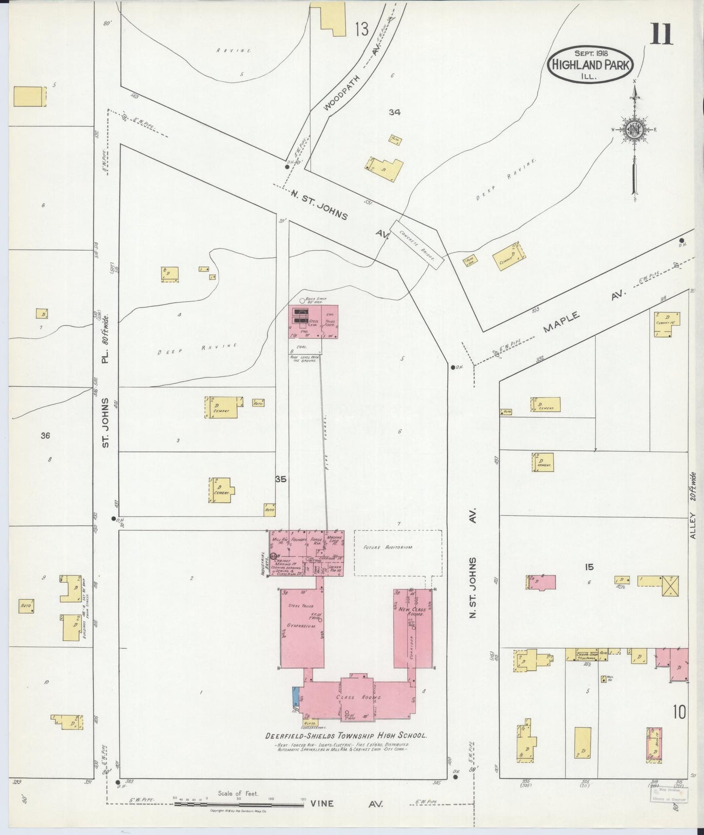 Sanborn Fire Insurance Map from Highland Park, Lake County, Illinois (1918), Sheet #0011 - Historic Sanborn Fire Insurance Map Print, vintage old map wall art, antique decor, genealogy gift, Illinois Illinois map