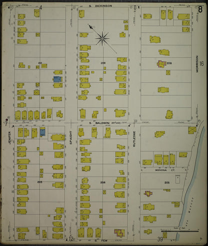 Sanborn Fire Insurance Map from Madison, Dane County, Wisconsin (1908), Sheet #0008 - Historic Sanborn Fire Insurance Map Print, vintage old map wall art, antique decor, genealogy gift, Wisconsin Wisconsin map