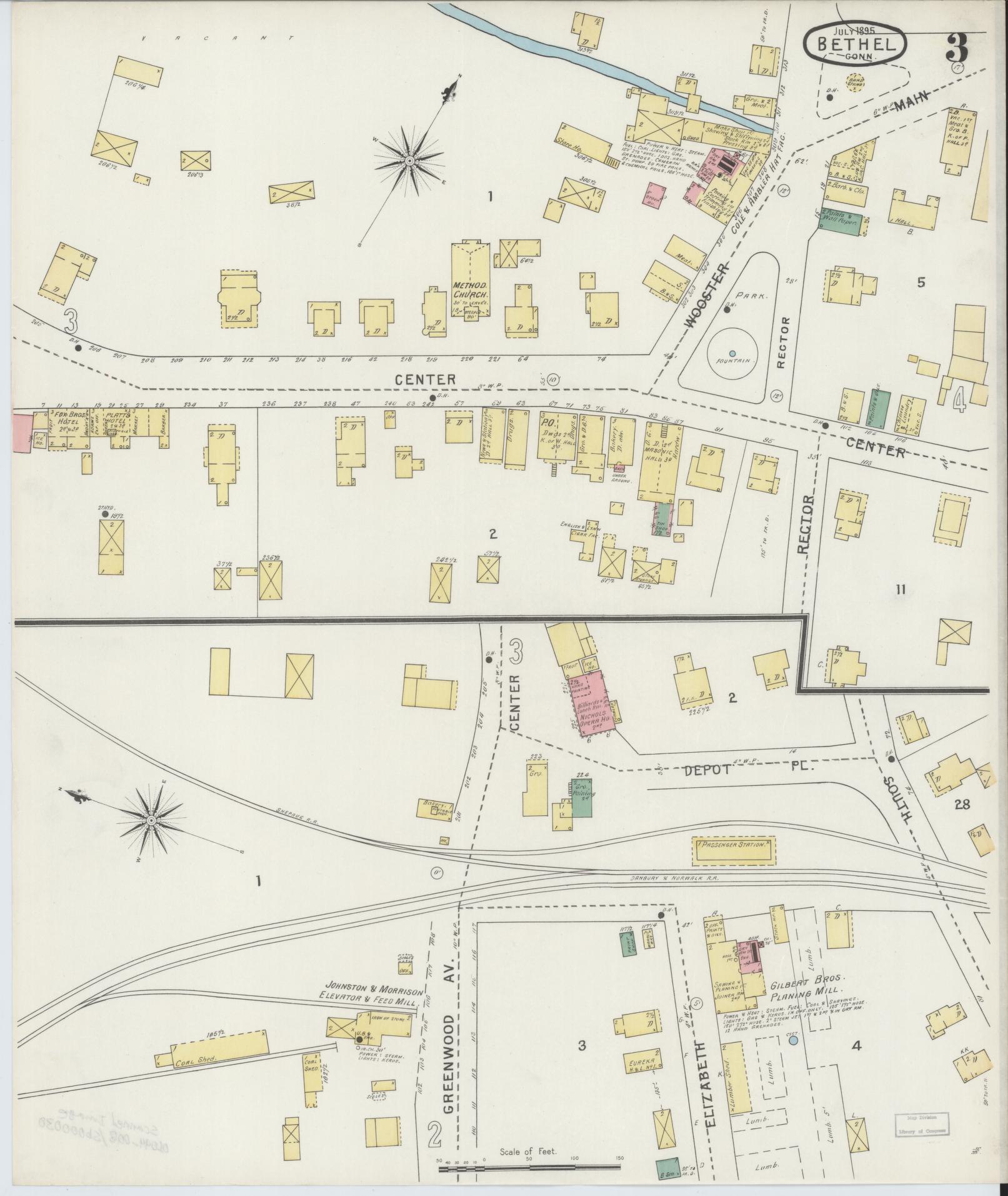 Sanborn Fire Insurance Map from Bethel, Fairfield County, Connecticut (1895), Sheet #0003 - Complete Map Set gallery image, historic Sanborn map, vintage wall art, Connecticut Connecticut