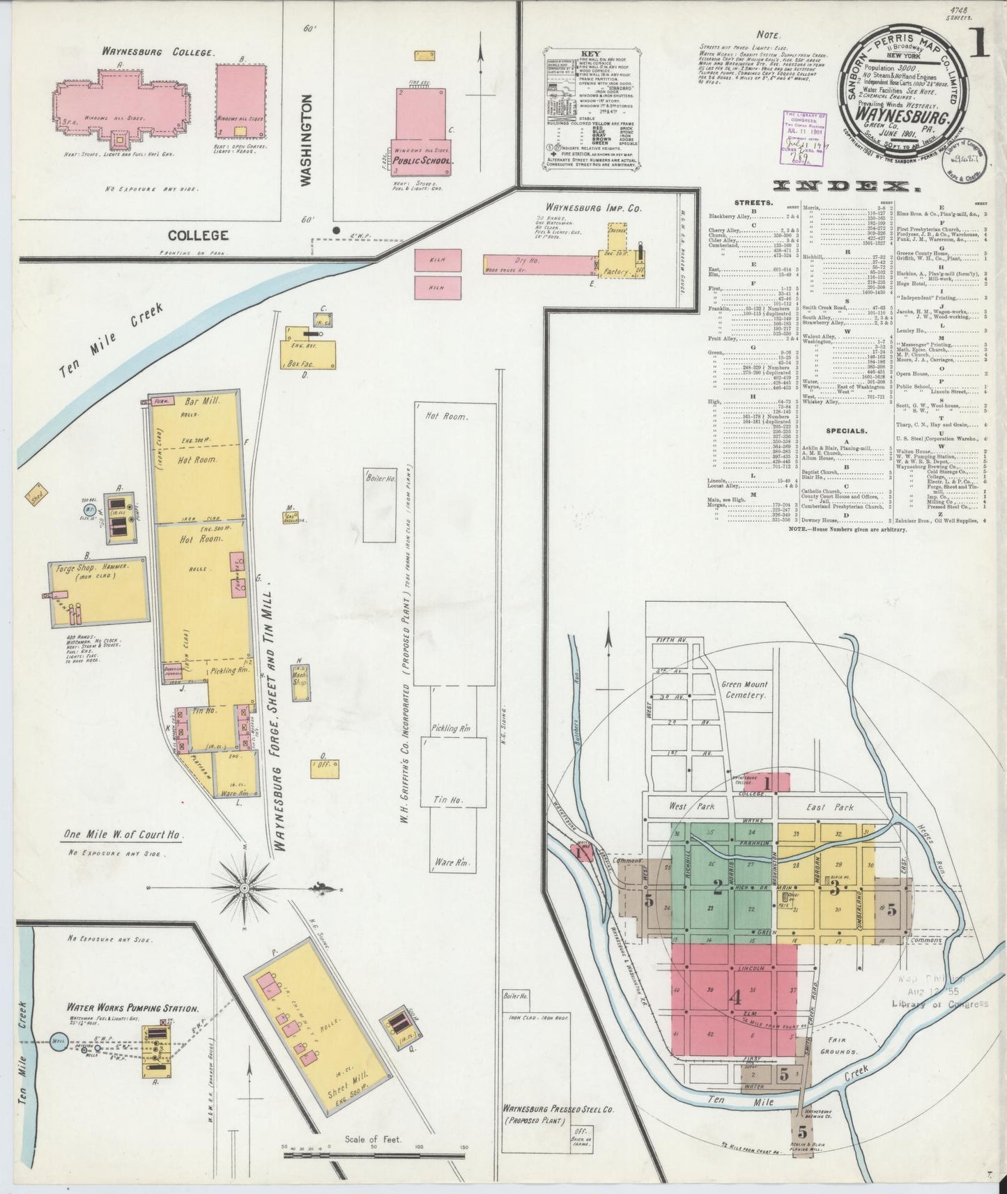 Sanborn Fire Insurance Map from Waynesburg, Greene County, Pennsylvania (1901), Sheet #0001 - Complete Map Set gallery image, historic Sanborn map, vintage wall art, Pennsylvania Pennsylvania