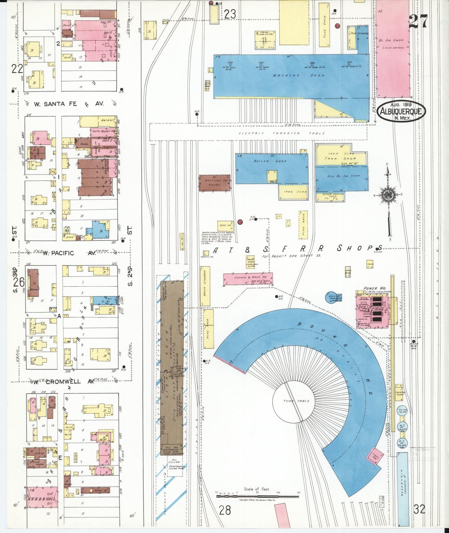 Sanborn Fire Insurance Map from Albuquerque, Bernalillo County, New Mexico (1919), Sheet #0027 - Historic Sanborn Fire Insurance Map Print, vintage old map wall art, antique decor, genealogy gift, New Mexico New Mexico map