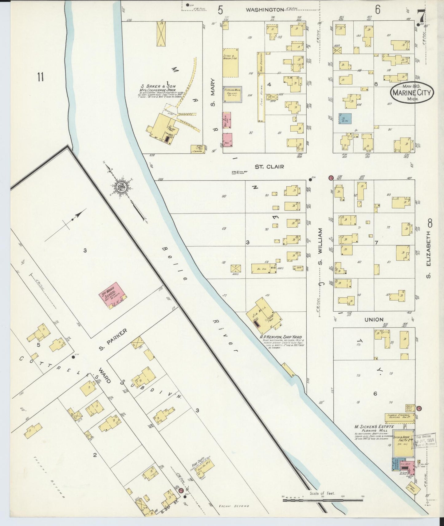 Sanborn Fire Insurance Map from Marine City, Saint Clair County, Michigan (1913), Sheet #0007 - Complete Map Set gallery image, historic Sanborn map, vintage wall art, Michigan Michigan