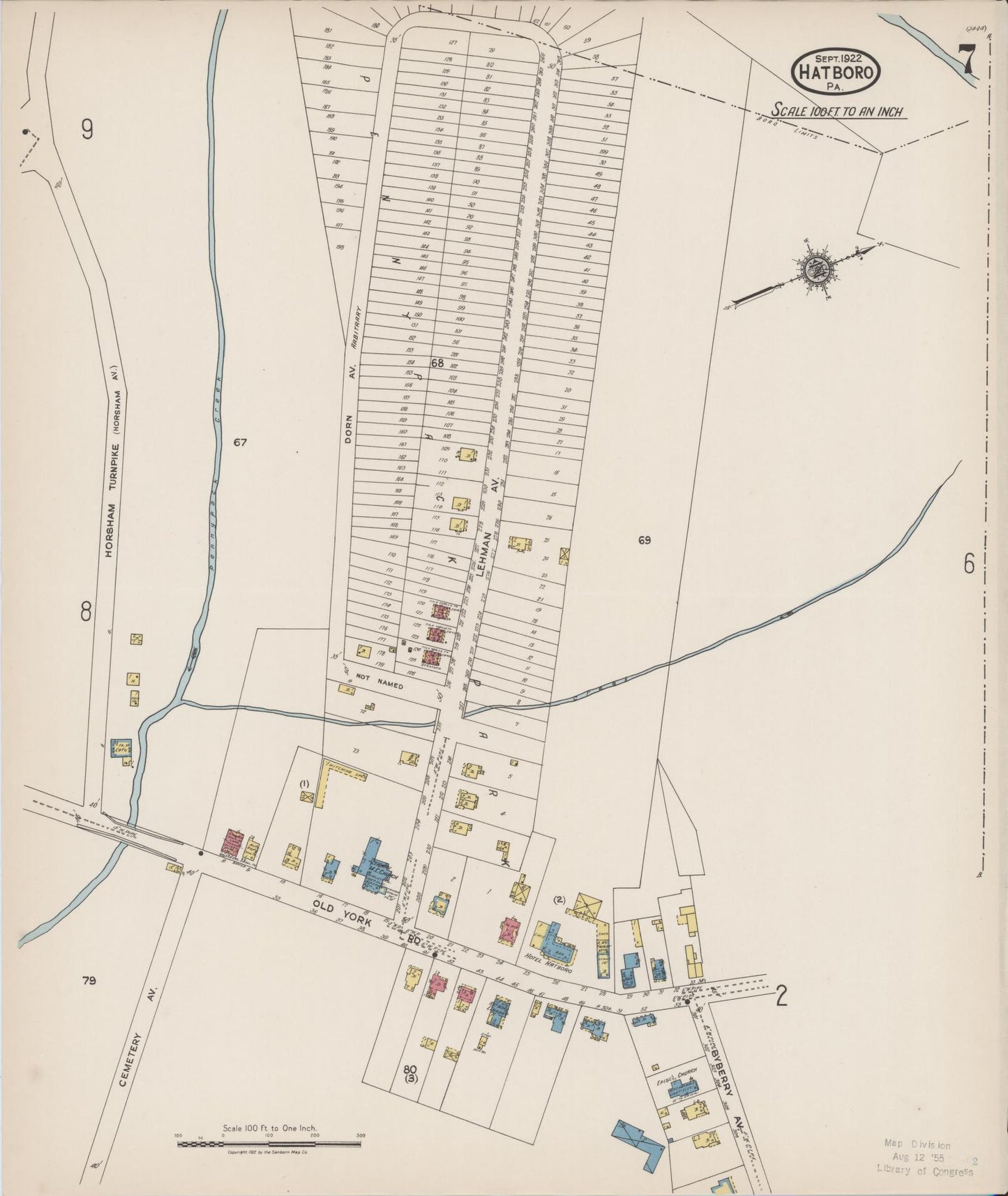 Sanborn Fire Insurance Map from Hatboro, Montgomery County, Pennsylvania (1922), Sheet #0007 - Historic Sanborn Fire Insurance Map Print, vintage old map wall art, antique decor, genealogy gift, Pennsylvania Pennsylvania map
