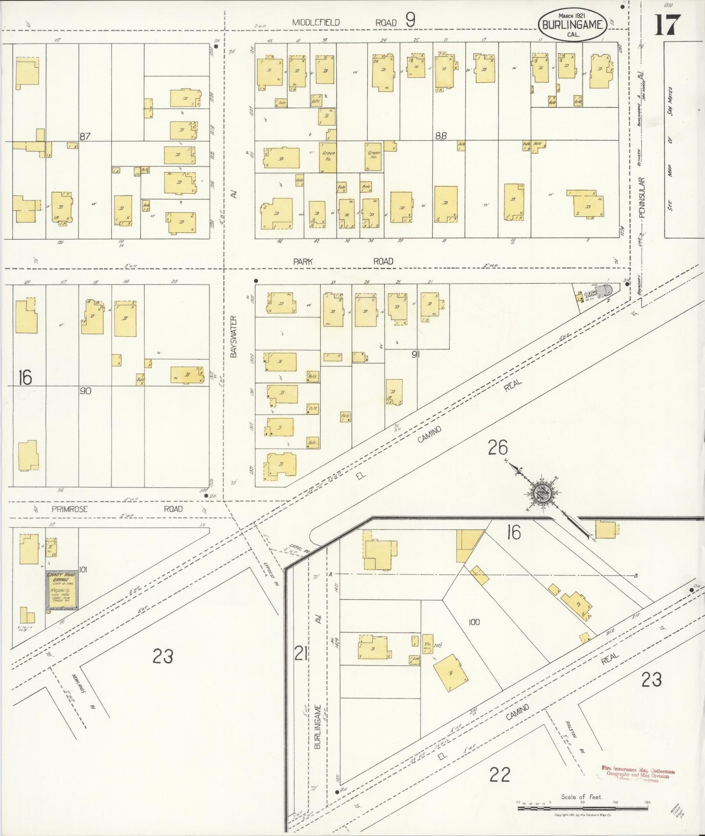 Sanborn Fire Insurance Map from Burlingame, San Mateo County, California (1921), Sheet #0017 - Complete Map Set gallery image, historic Sanborn map, vintage wall art, California California