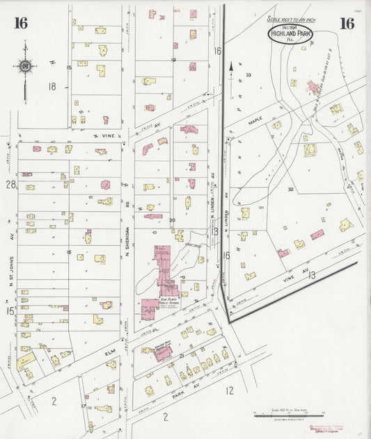 Sanborn Fire Insurance Map from Highland Park, Lake County, Illinois (1924), Sheet #0016 - Historic Sanborn Fire Insurance Map Print, vintage old map wall art, antique decor, genealogy gift, Illinois Illinois map