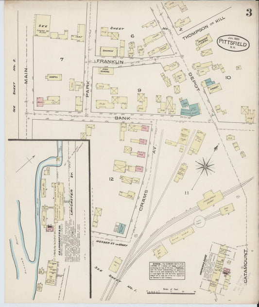 Sanborn Fire Insurance Map from Pittsfield, Merrimack County, New Hampshire (1885), Sheet #0003 - Historic Sanborn Fire Insurance Map Print, vintage old map wall art, antique decor, genealogy gift, New Hampshire New Hampshire map