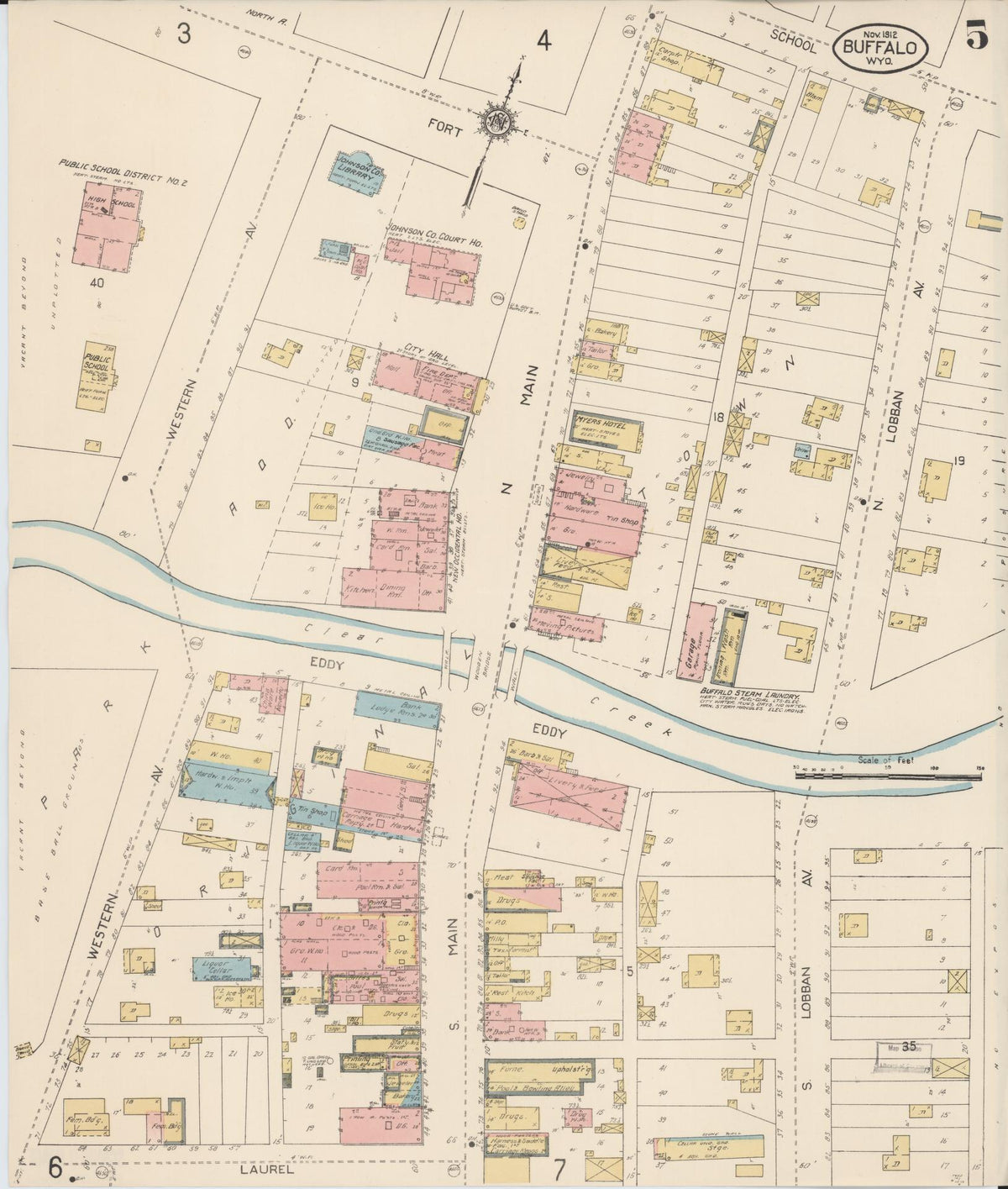 Sanborn Fire Insurance Map from Buffalo, Johnson County, Wyoming (1912), Sheet #0005 - Historic Sanborn Fire Insurance Map Print, vintage old map wall art, antique decor, genealogy gift, Wyoming Wyoming map